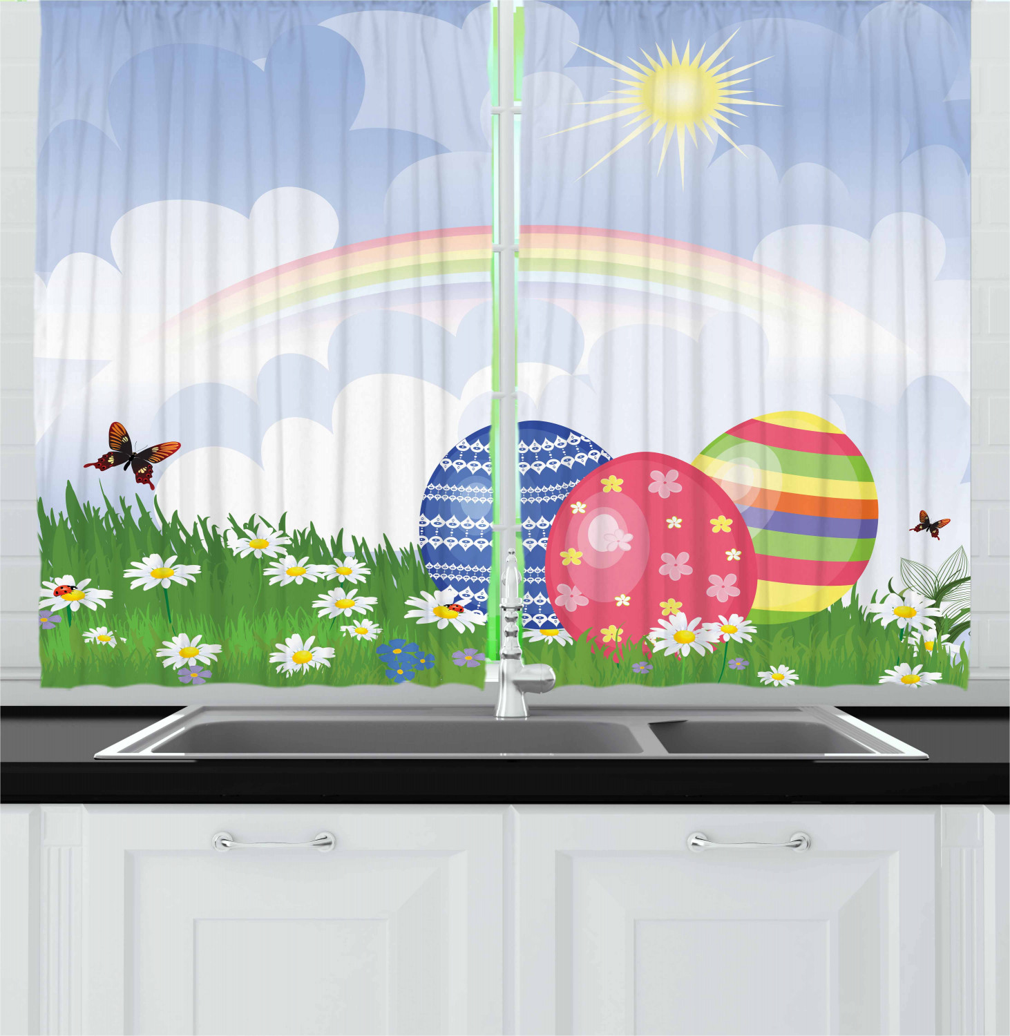 Easter Kitchen Curtains 2 Panel Set Home Decor Window Drapes 55" X 39" Ambesonne - Picture 28 of 28