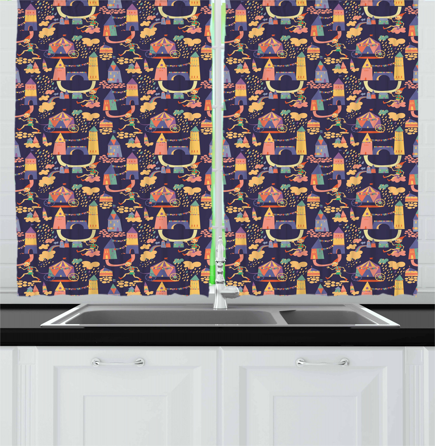 Cartoon Kitchen Curtains 2 Panel Set Window Drapes 55" X 39" Ambesonne - Picture 2 of 25