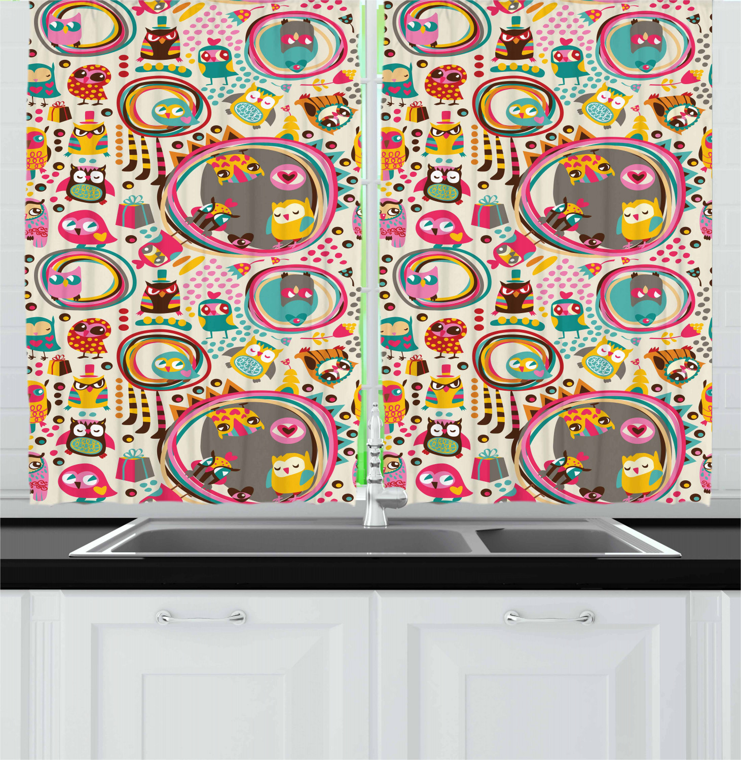 Cartoon Kitchen Curtains 2 Panel Set Window Drapes 55" X 39" Ambesonne - Picture 4 of 25