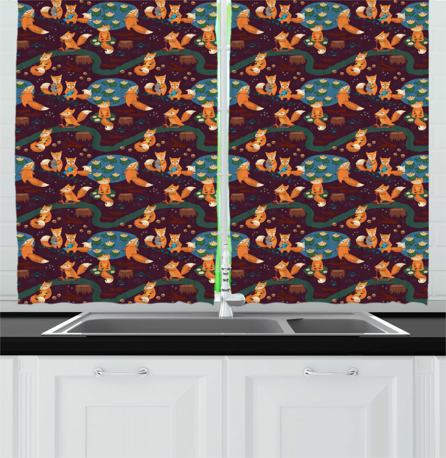 Cartoon Kitchen Curtains 2 Panel Set Window Drapes 55" X 39" Ambesonne - Picture 6 of 25