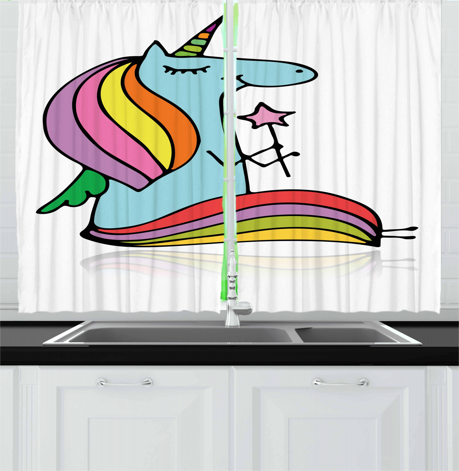 Cartoon Kitchen Curtains 2 Panel Set Window Drapes 55" X 39" Ambesonne - Picture 7 of 25