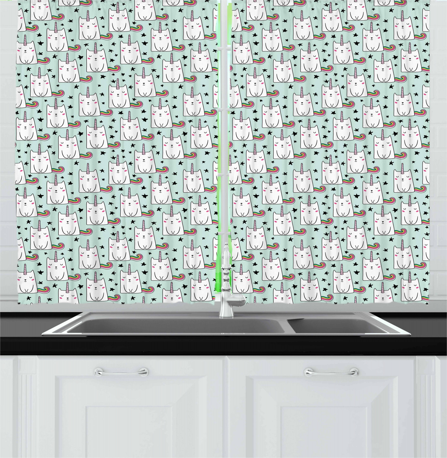 Cartoon Kitchen Curtains 2 Panel Set Window Drapes 55" X 39" Ambesonne - Picture 8 of 25