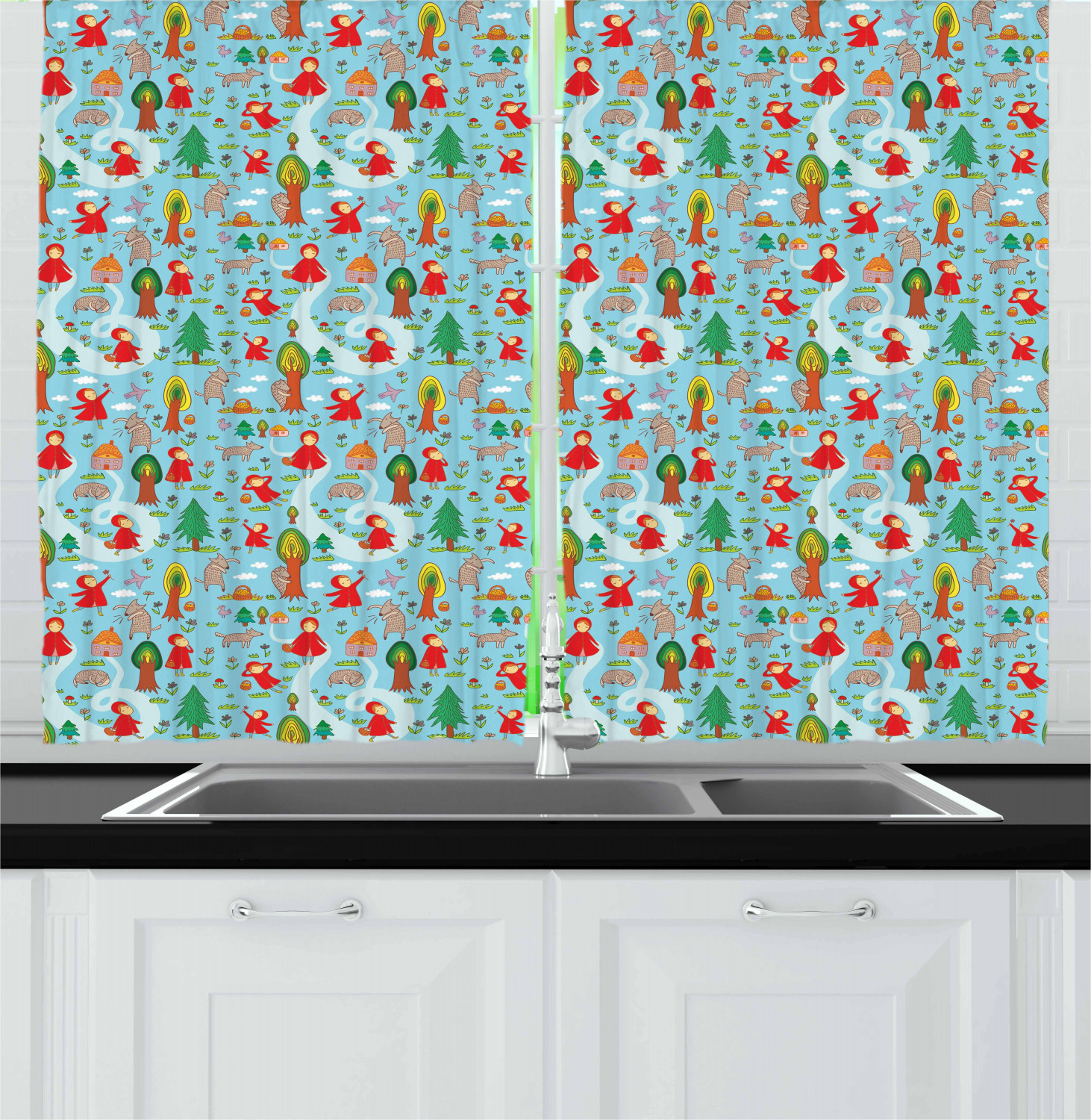 Cartoon Kitchen Curtains 2 Panel Set Window Drapes 55" X 39" Ambesonne - Picture 20 of 25