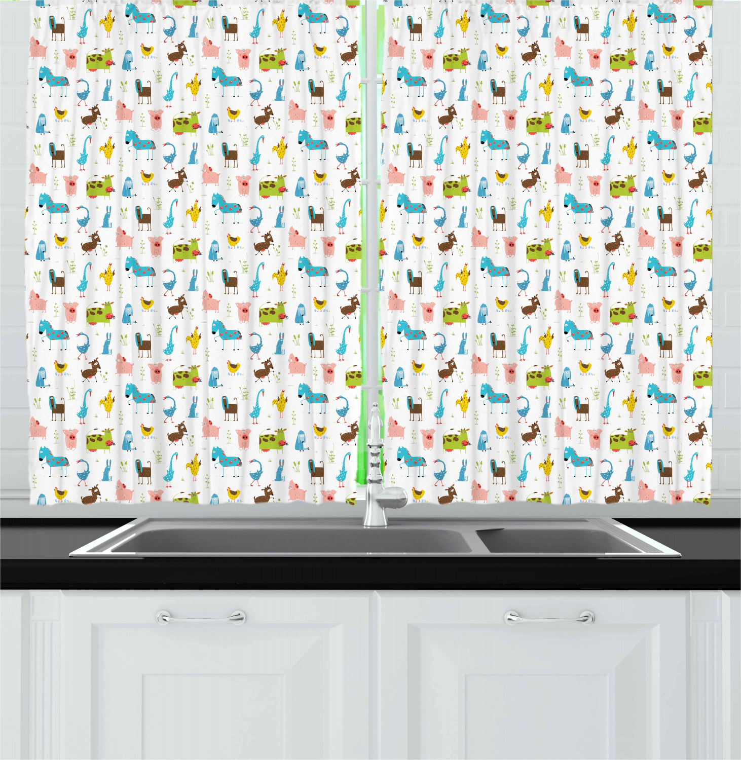 Cartoon Kitchen Curtains 2 Panel Set Window Drapes 55" X 39" Ambesonne - Picture 22 of 25