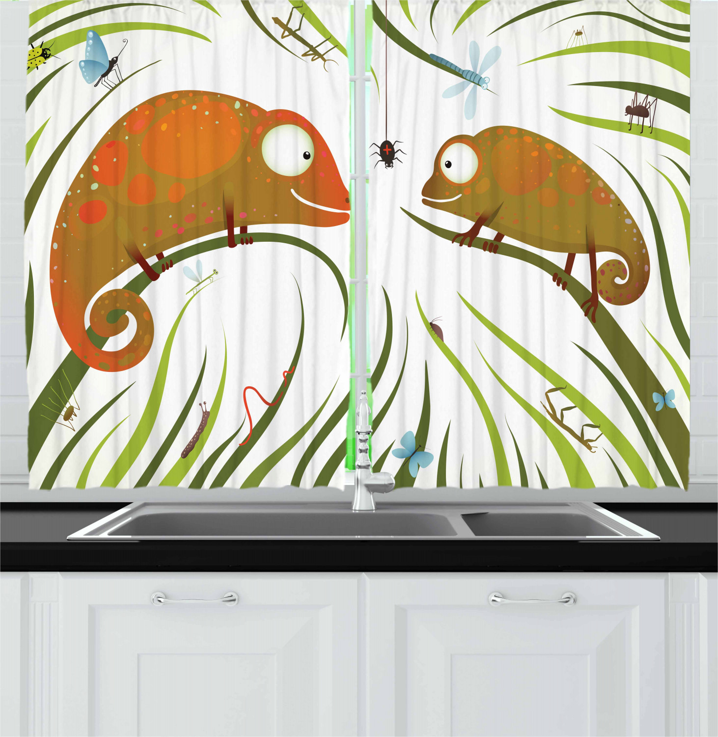 Cartoon Kitchen Curtains 2 Panel Set Window Drapes 55" X 39" Ambesonne - Picture 24 of 25