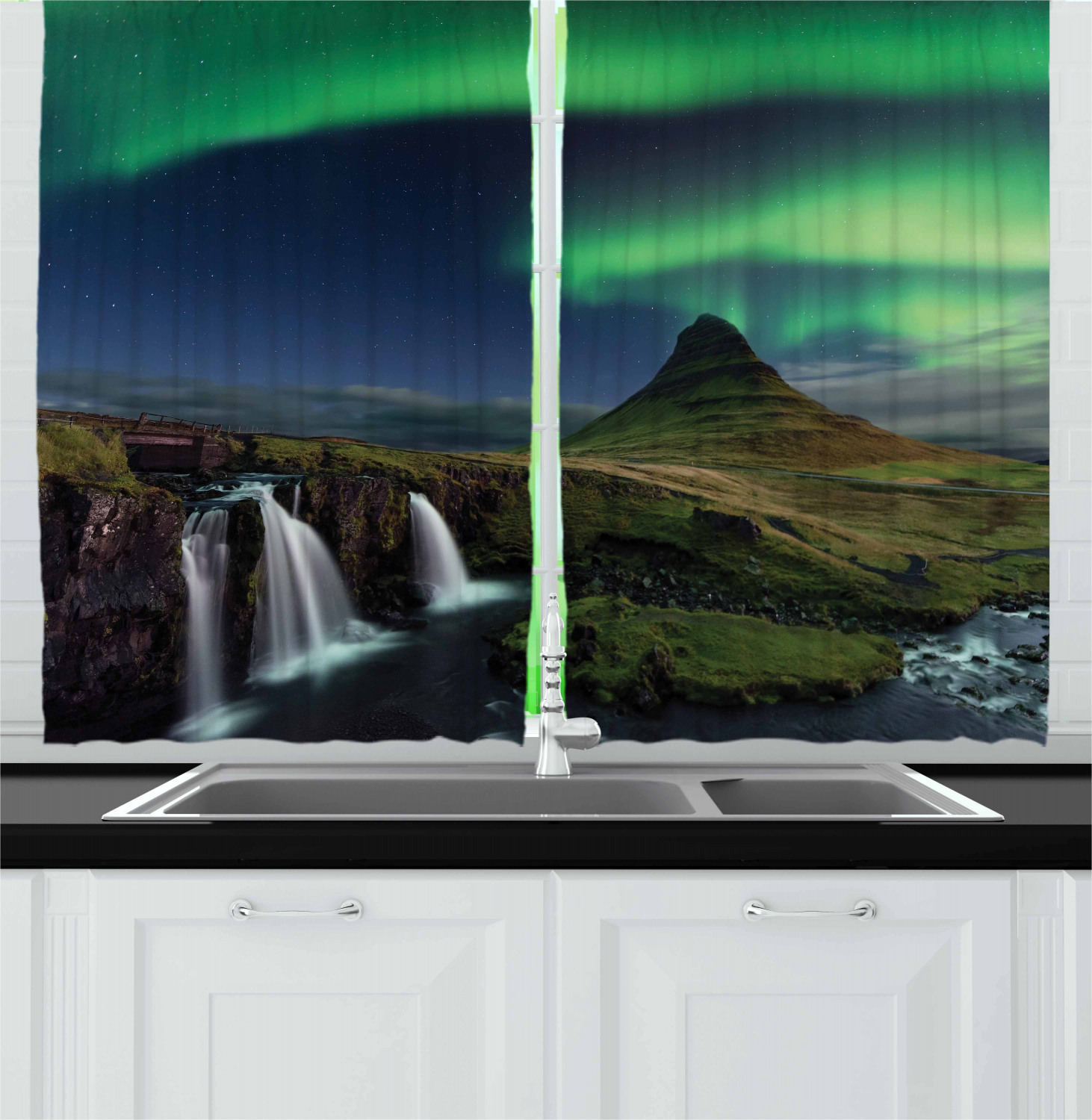 Mountain Kitchen Curtains 2 Panel Set Window Drapes 55" X 39" Ambesonne - Picture 3 of 17