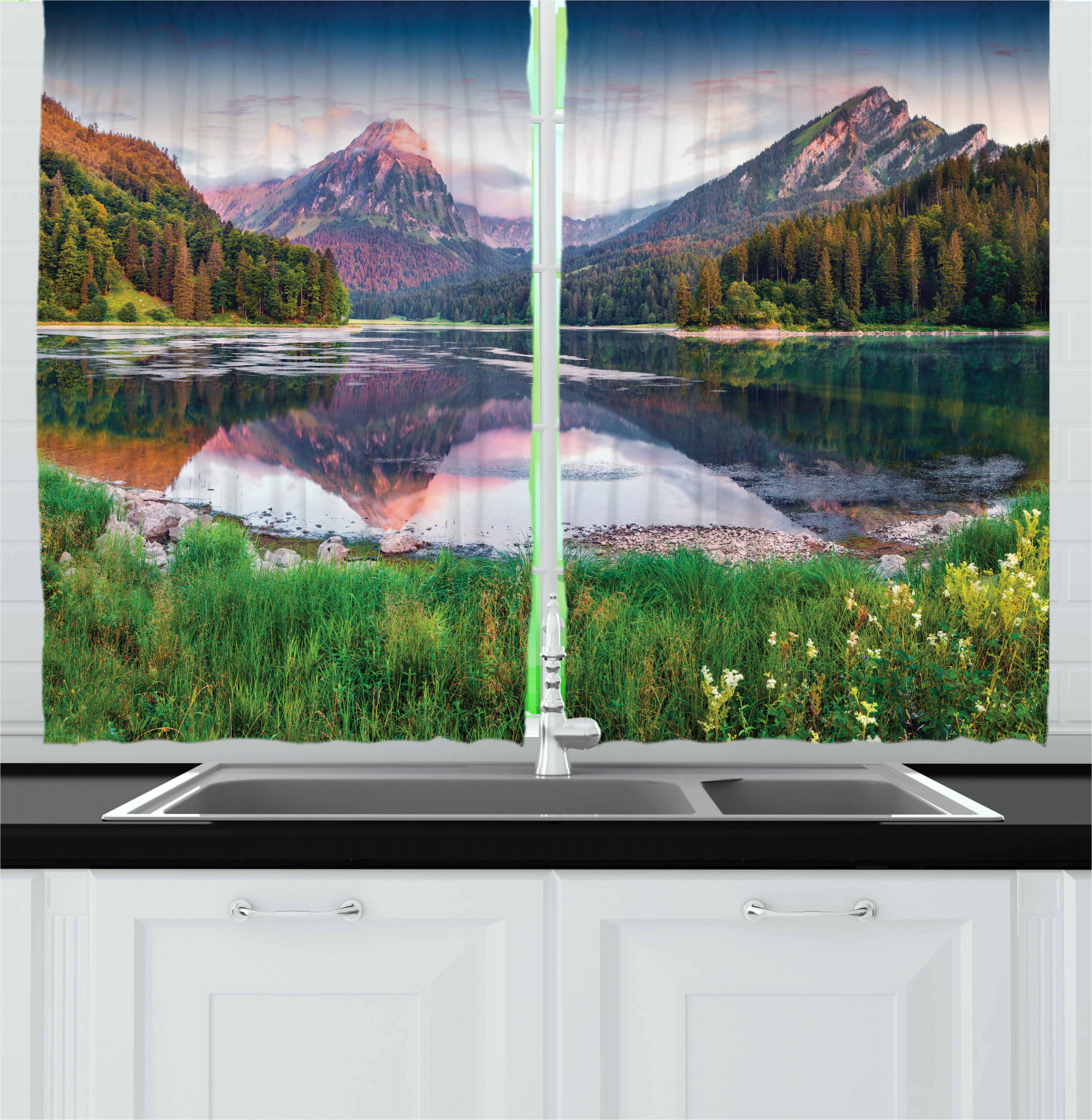 Mountain Kitchen Curtains 2 Panel Set Window Drapes 55" X 39" Ambesonne - Picture 7 of 17