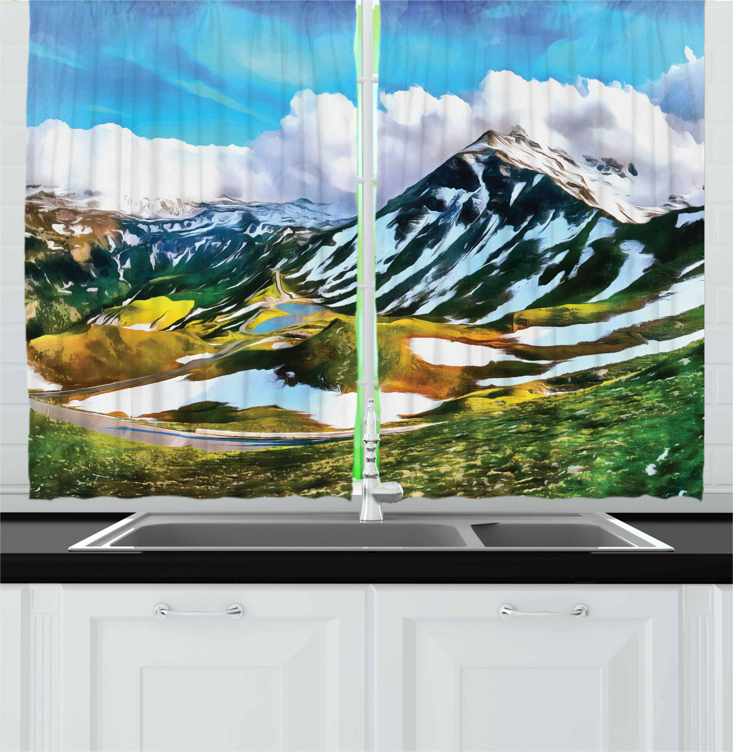 Mountain Kitchen Curtains 2 Panel Set Window Drapes 55" X 39" Ambesonne - Picture 2 of 17