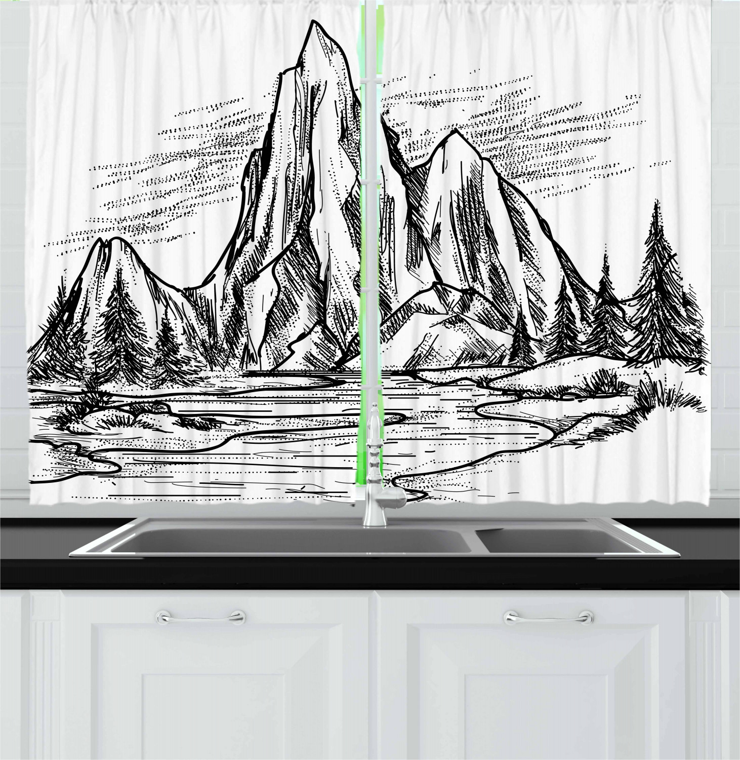 Mountain Kitchen Curtains 2 Panel Set Window Drapes 55" X 39" Ambesonne - Picture 14 of 17