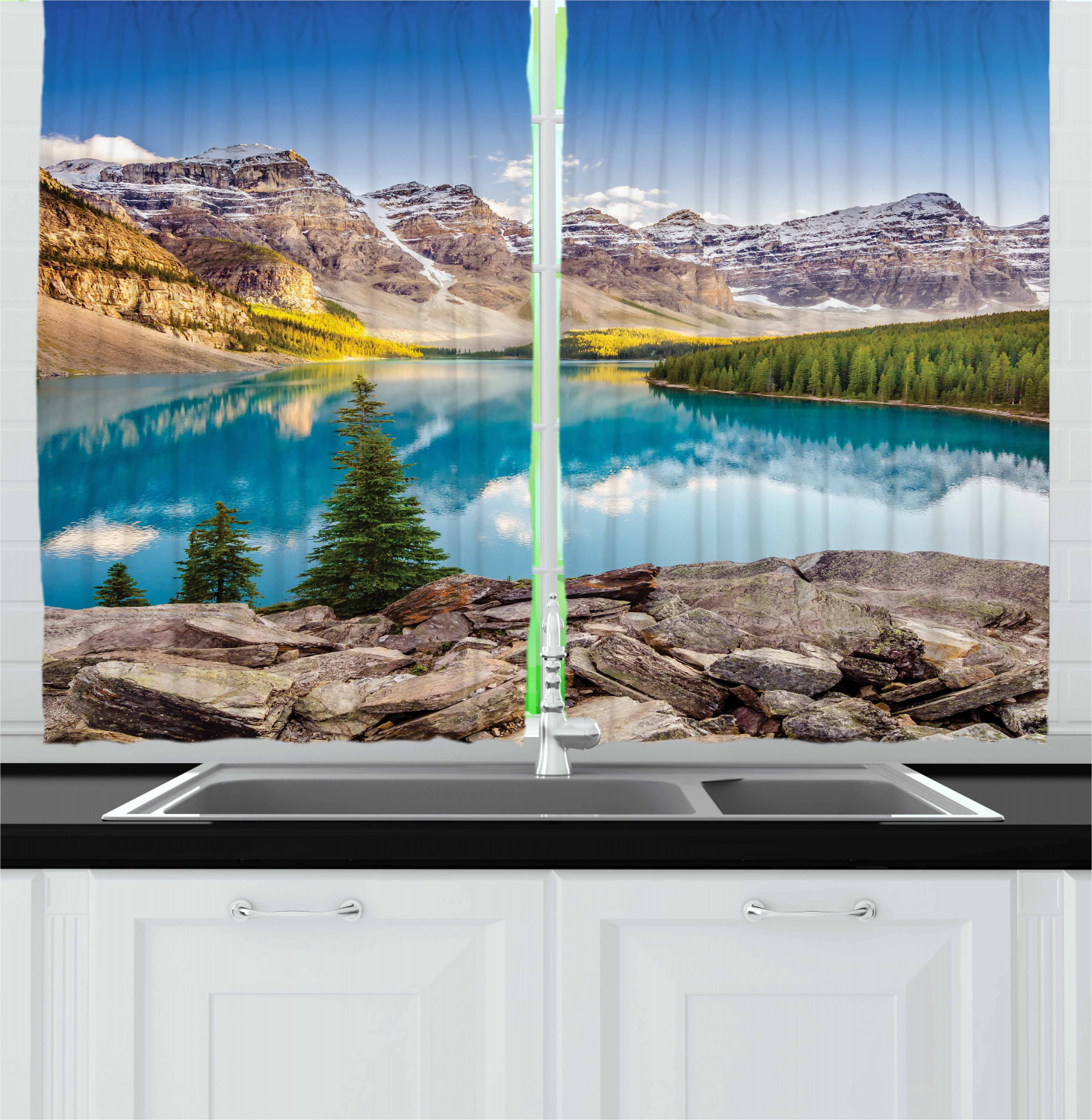 Mountain Kitchen Curtains 2 Panel Set Window Drapes 55" X 39" Ambesonne - Picture 8 of 17