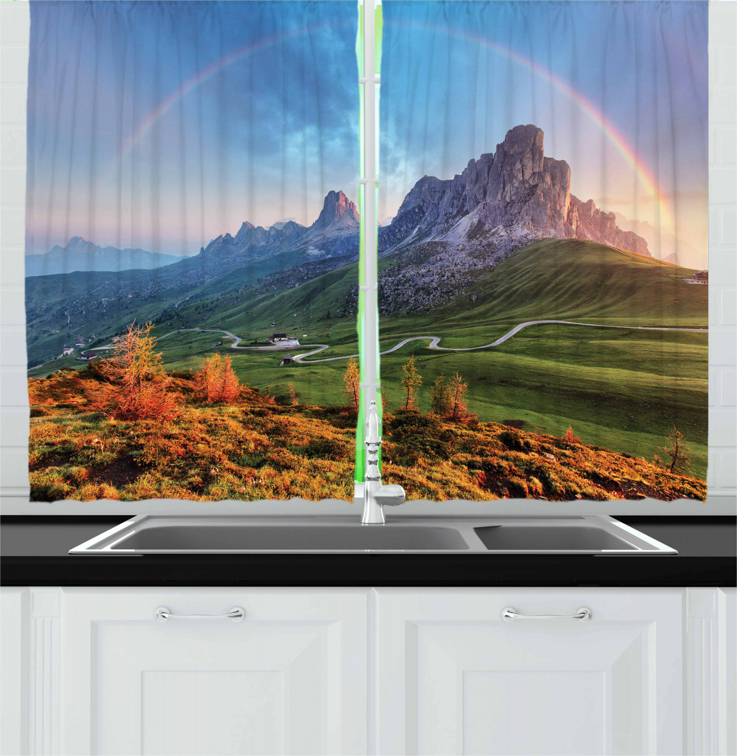 Mountain Kitchen Curtains 2 Panel Set Window Drapes 55" X 39" Ambesonne - Picture 12 of 17