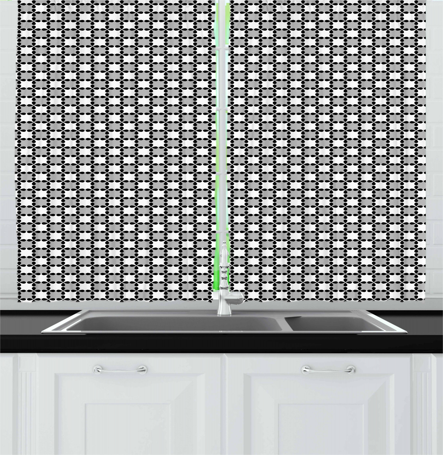 Black and Grey Kitchen Curtains 2 Panel Set Window Drapes 55" X 39" Ambesonne - Picture 10 of 26