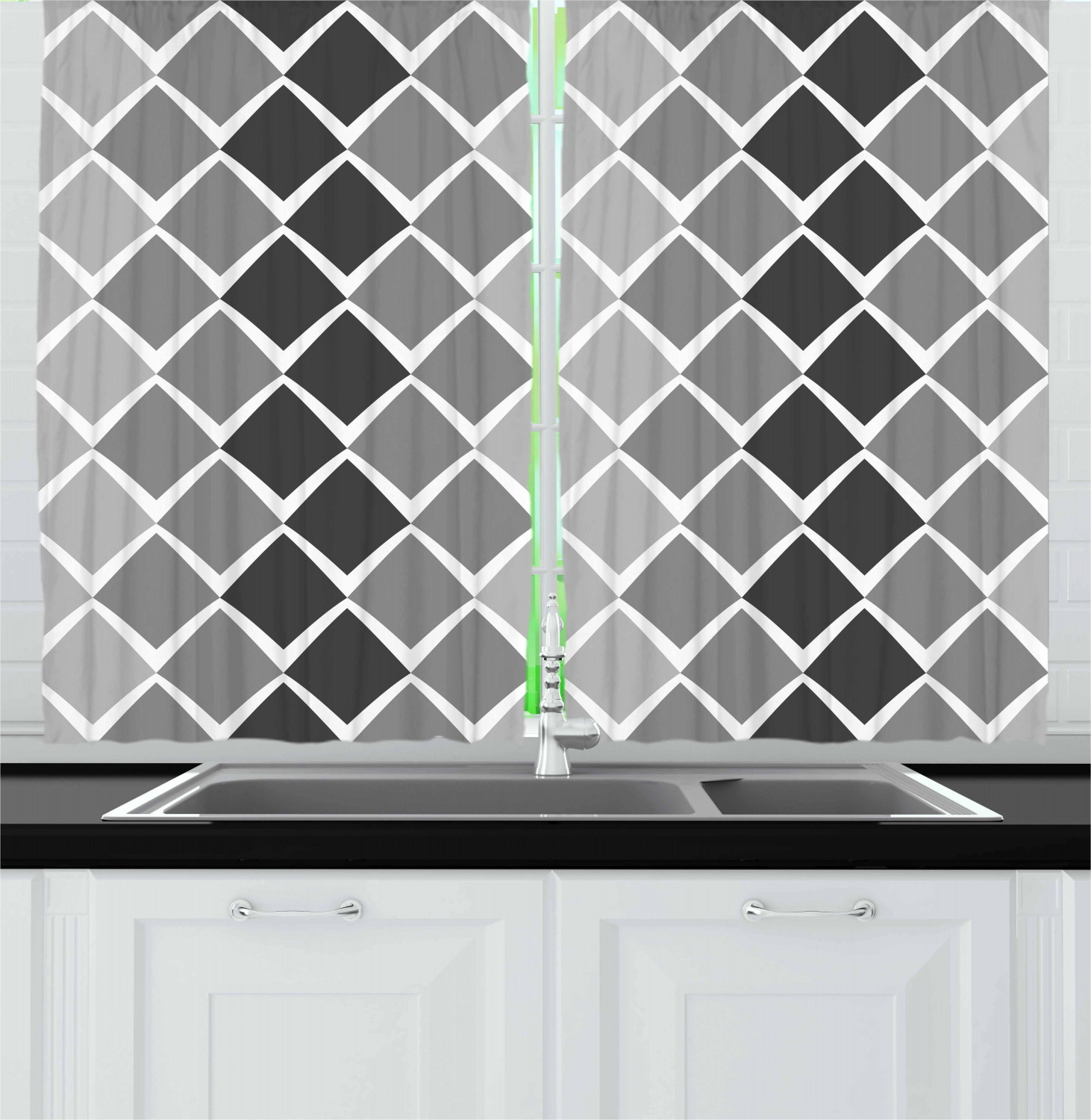 Black and Grey Kitchen Curtains 2 Panel Set Window Drapes 55" X 39" Ambesonne - Picture 13 of 26