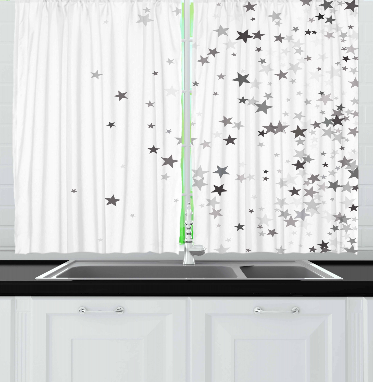 Black and Grey Kitchen Curtains 2 Panel Set Window Drapes 55" X 39" Ambesonne - Picture 14 of 26