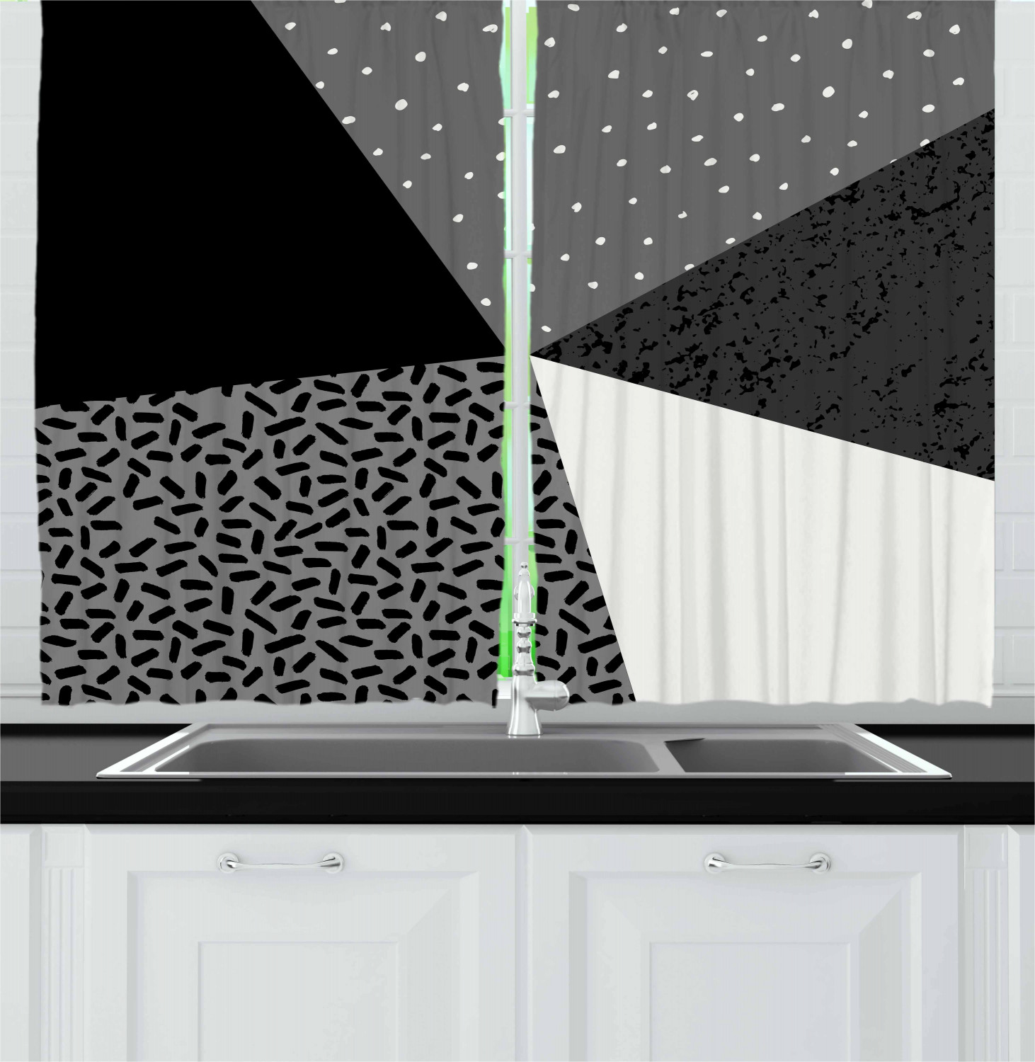 Black and Grey Kitchen Curtains 2 Panel Set Window Drapes 55" X 39" Ambesonne - Picture 11 of 26