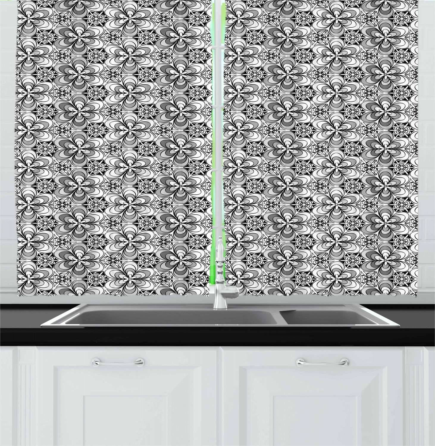 Black and Grey Kitchen Curtains 2 Panel Set Window Drapes 55