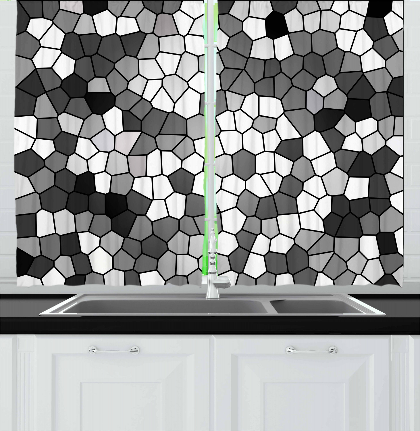 Black and Grey Kitchen Curtains 2 Panel Set Window Drapes 55" X 39" Ambesonne - Picture 24 of 26