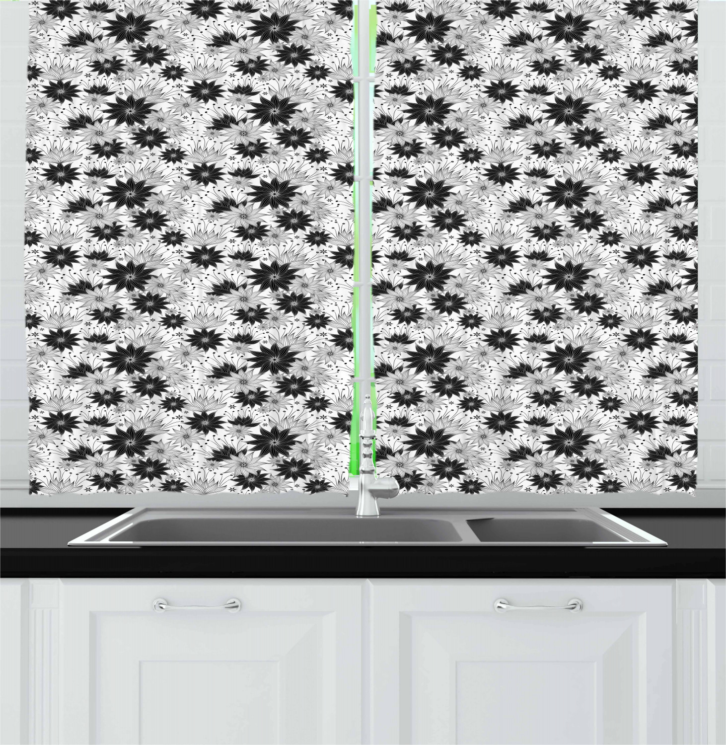 Black and Grey Kitchen Curtains 2 Panel Set Window Drapes 55" X 39" Ambesonne - Picture 15 of 26