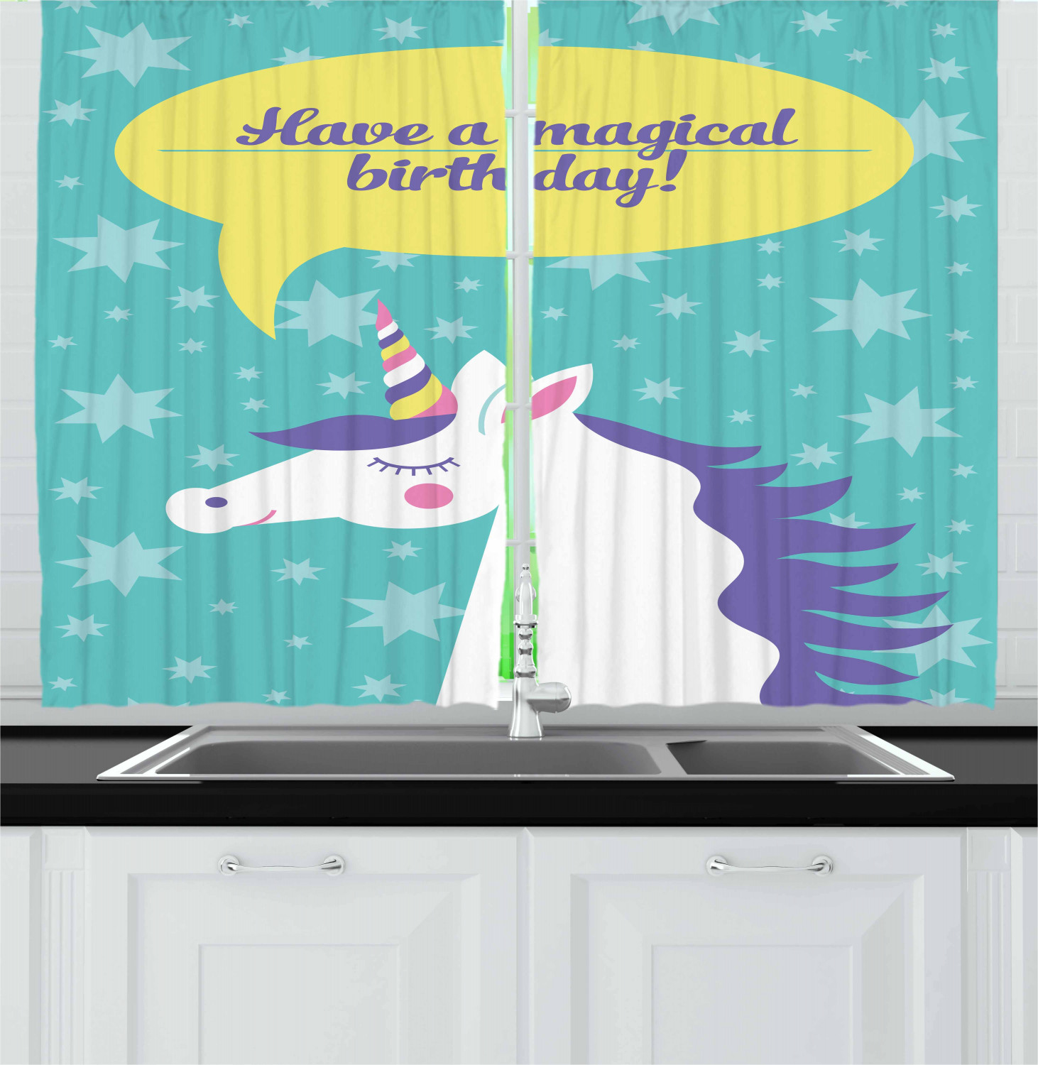 Unicorn Kitchen Curtains 2 Panel Set Decor Window Drapes 55" X 39