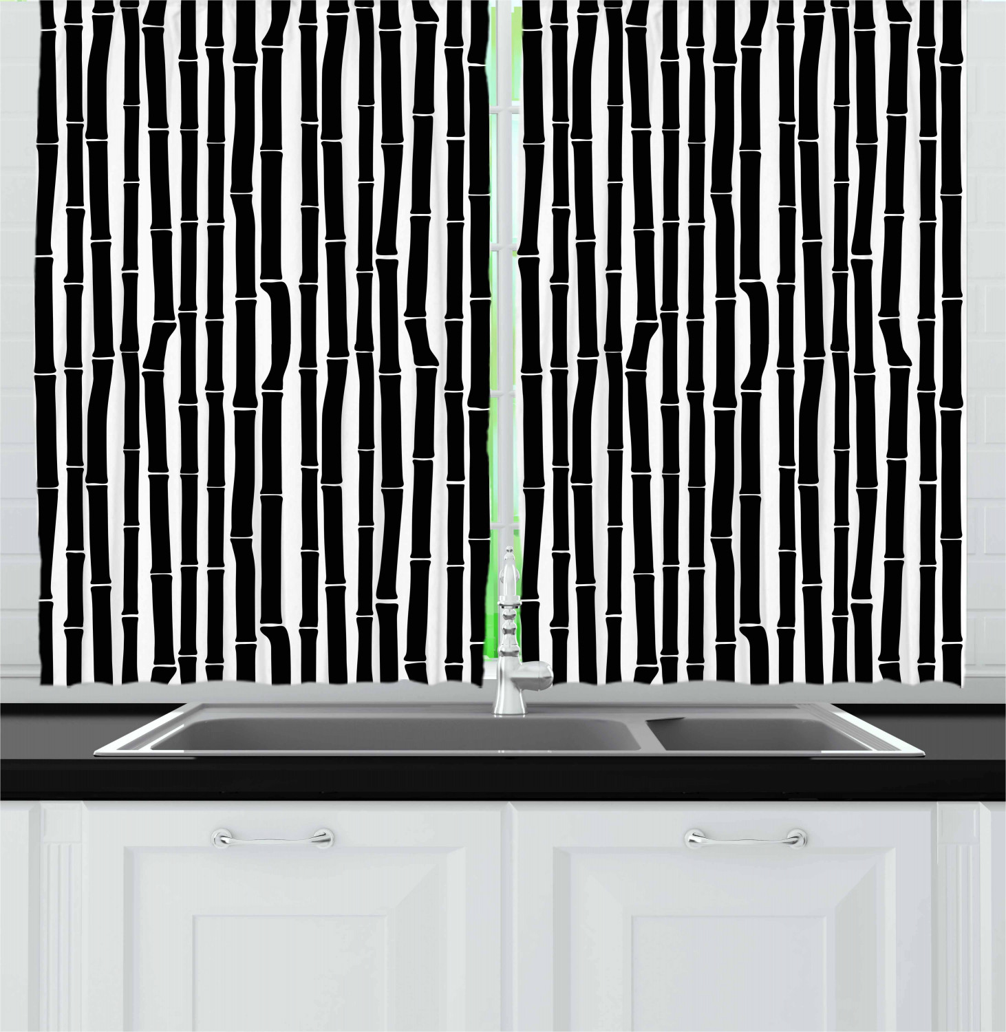 Bamboo Kitchen Curtains 2 Panel Set Window Drapes 55" X 39" Ambesonne - Picture 5 of 8