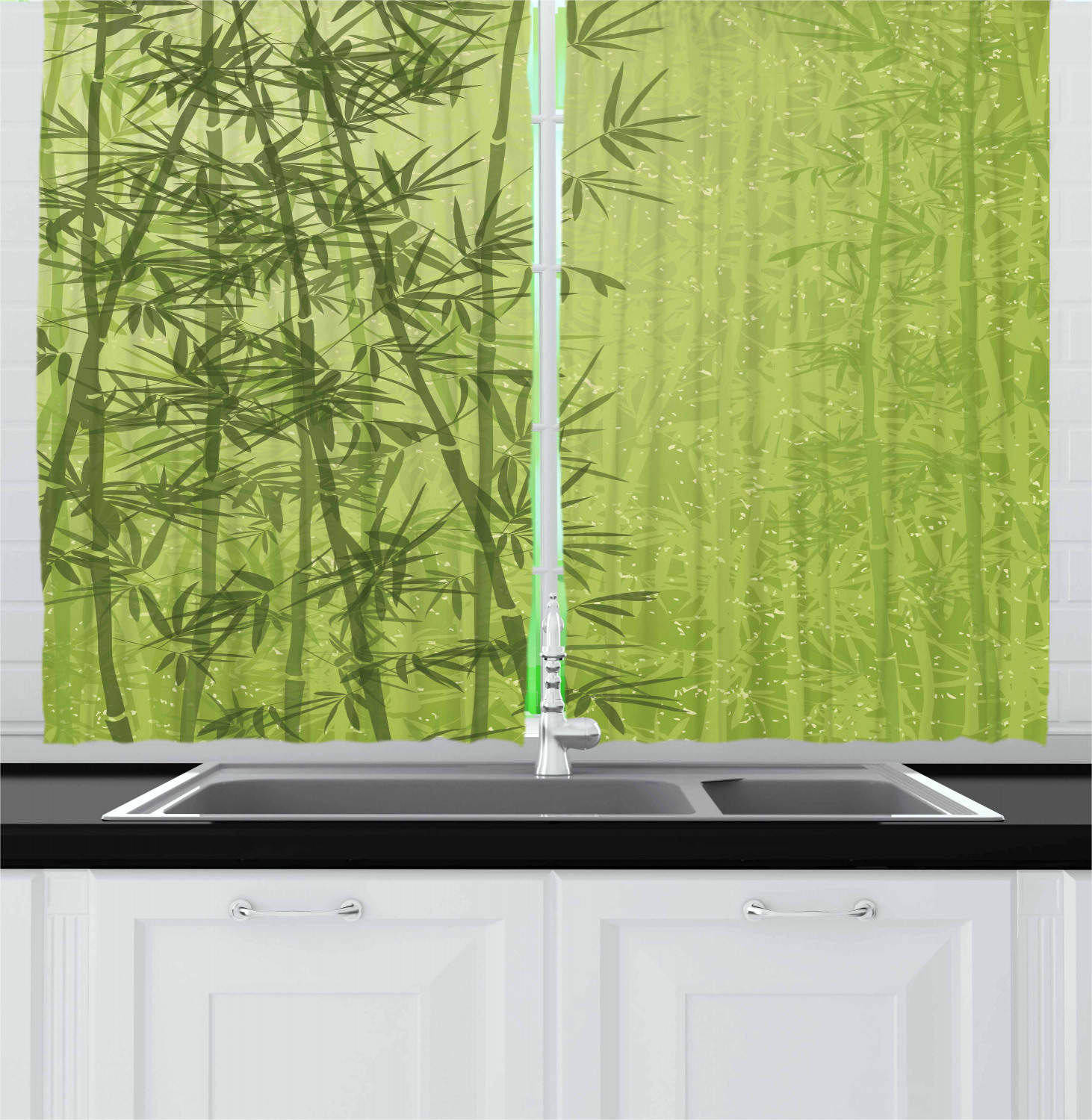 Bamboo Kitchen Curtains 2 Panel Set Window Drapes 55" X 39" Ambesonne - Picture 2 of 8