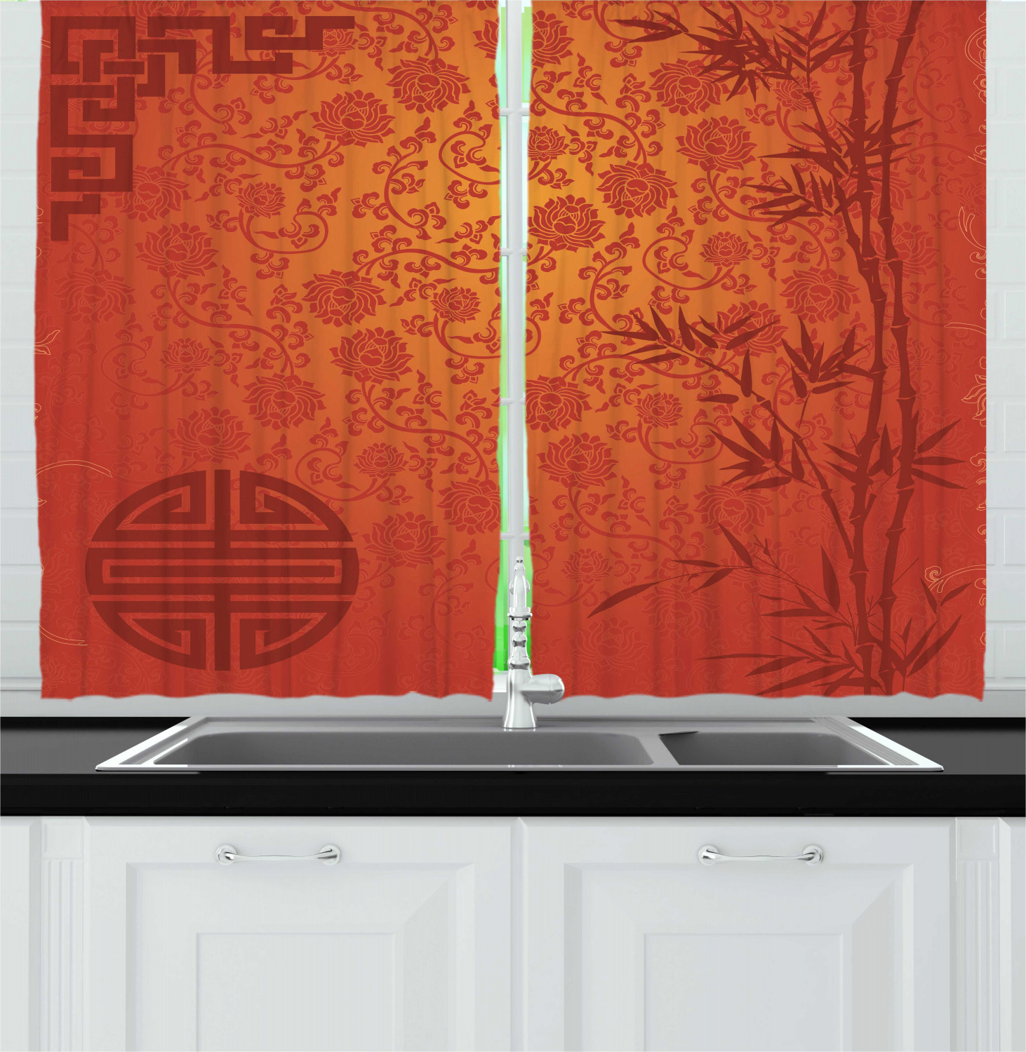 Bamboo Kitchen Curtains 2 Panel Set Window Drapes 55" X 39" Ambesonne - Picture 4 of 8