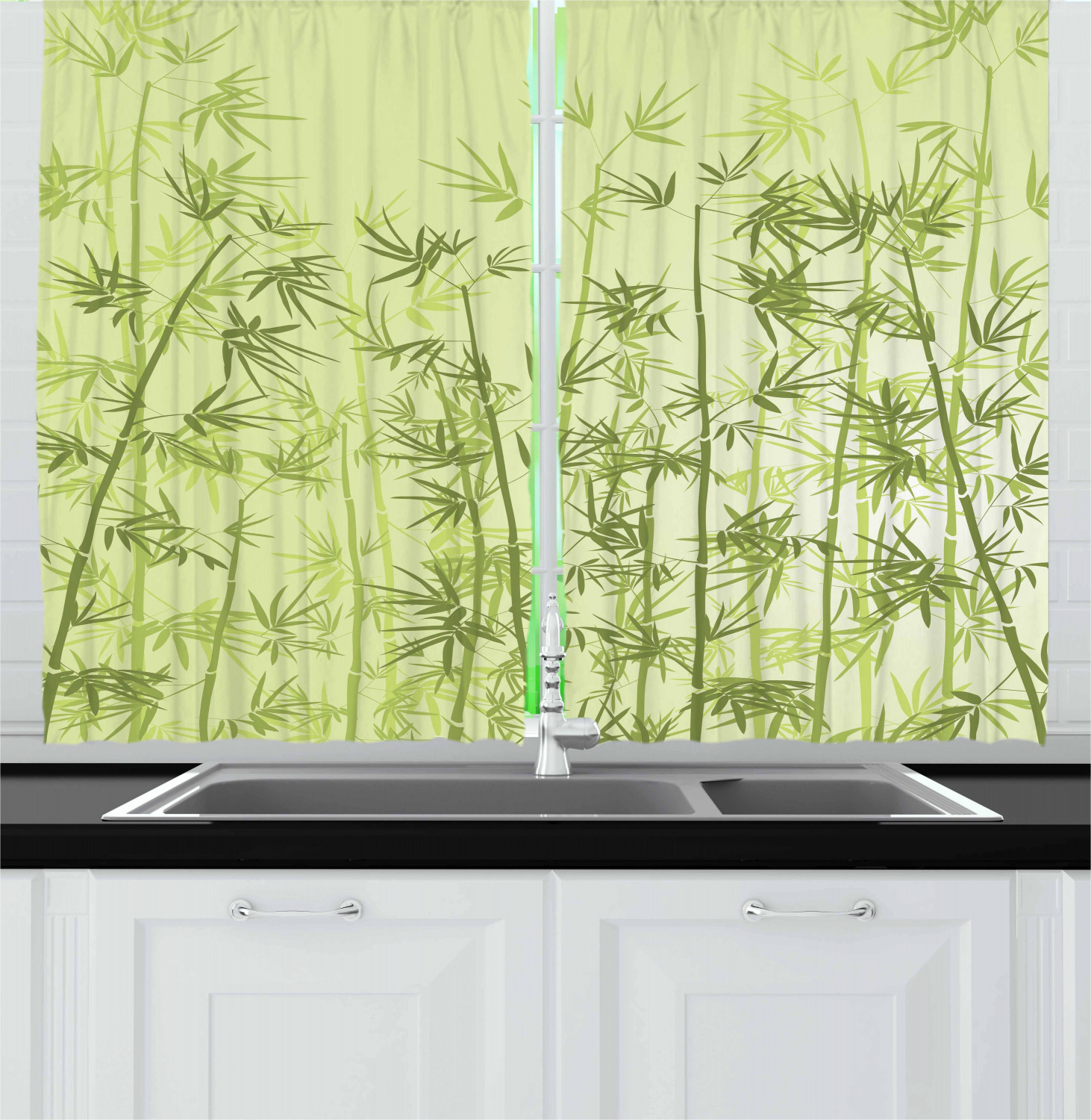 Bamboo Kitchen Curtains 2 Panel Set Window Drapes 55" X 39" Ambesonne - Picture 7 of 8