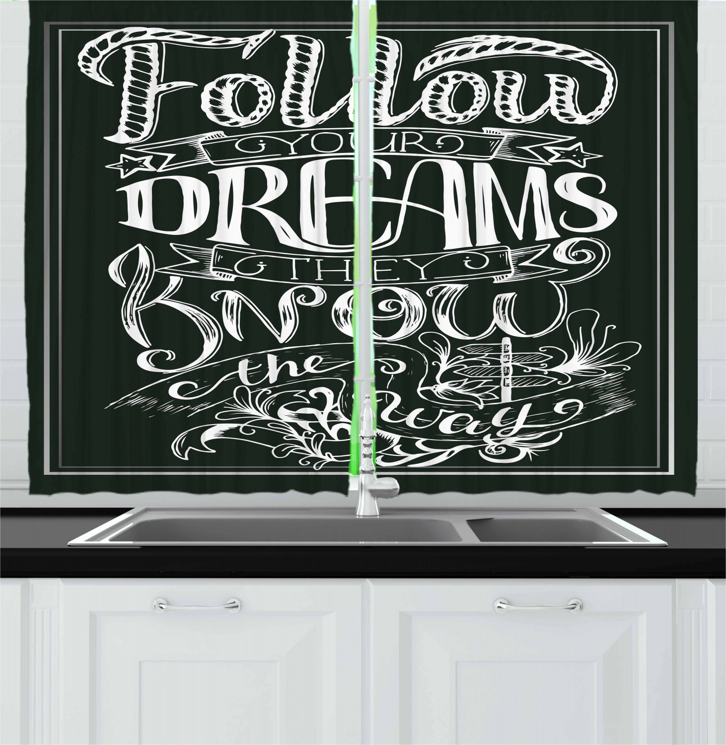 Motivational Kitchen Curtains 2 Panel Set Window Drapes 55" X 39" Ambesonne - Picture 9 of 29