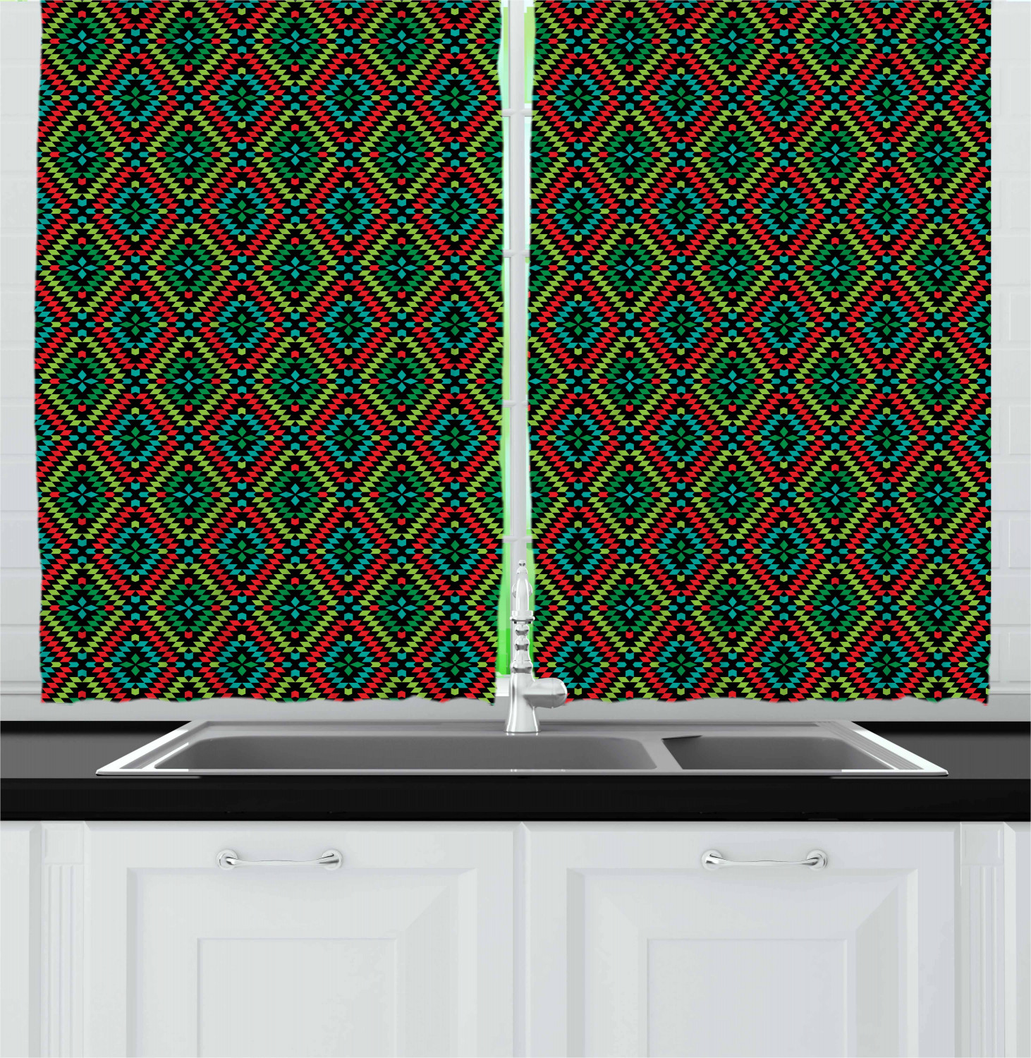 Afghan Kitchen Curtains 2 Panel Set Window Drapes 55" X 39" Ambesonne - Picture 18 of 20