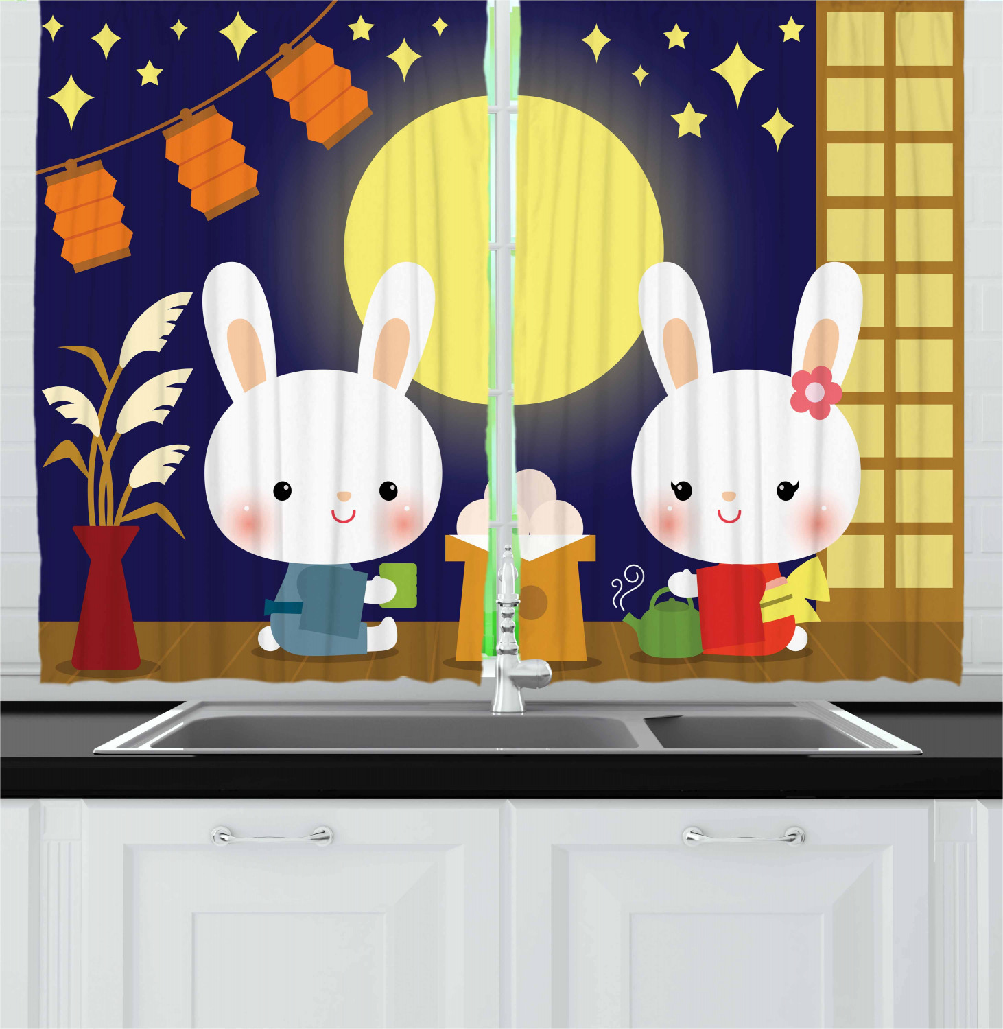 Anime Kitchen Curtains 2 Panel Set Window Drapes 55" X 39" Ambesonne - Picture 9 of 28