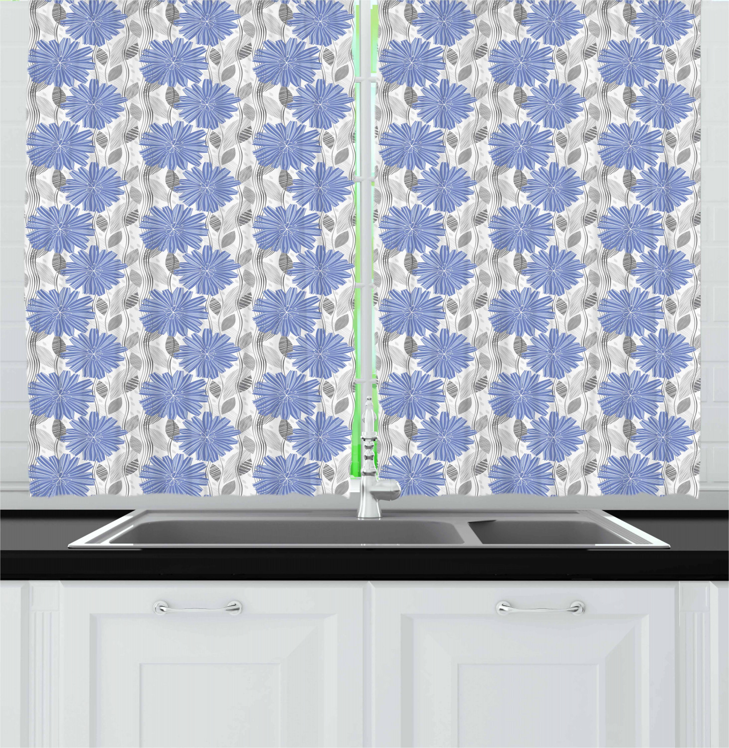 Grey Blue Kitchen Curtains 2 Panel Set Window Drapes 55" X 39" Ambesonne - Picture 14 of 30