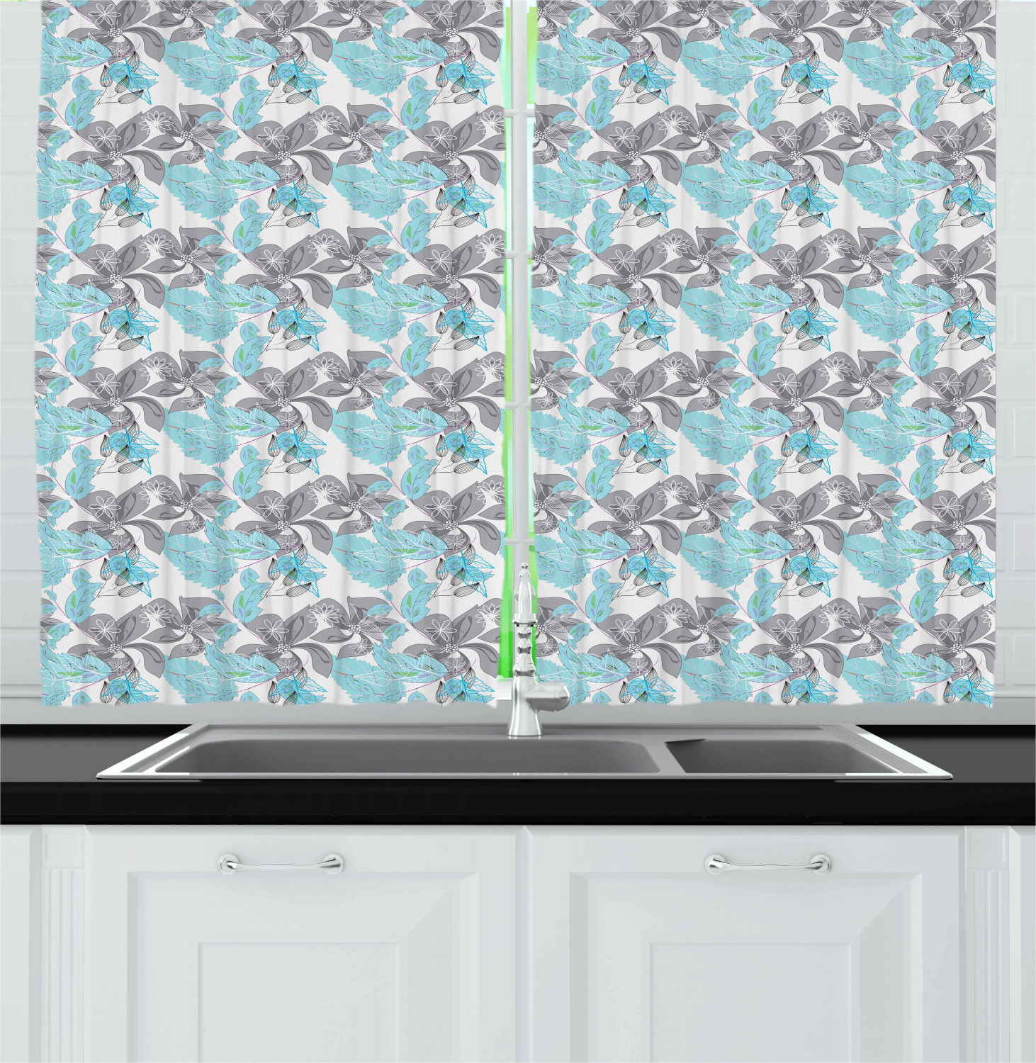 Grey Blue Kitchen Curtains 2 Panel Set Window Drapes 55" X 39" Ambesonne - Picture 22 of 30