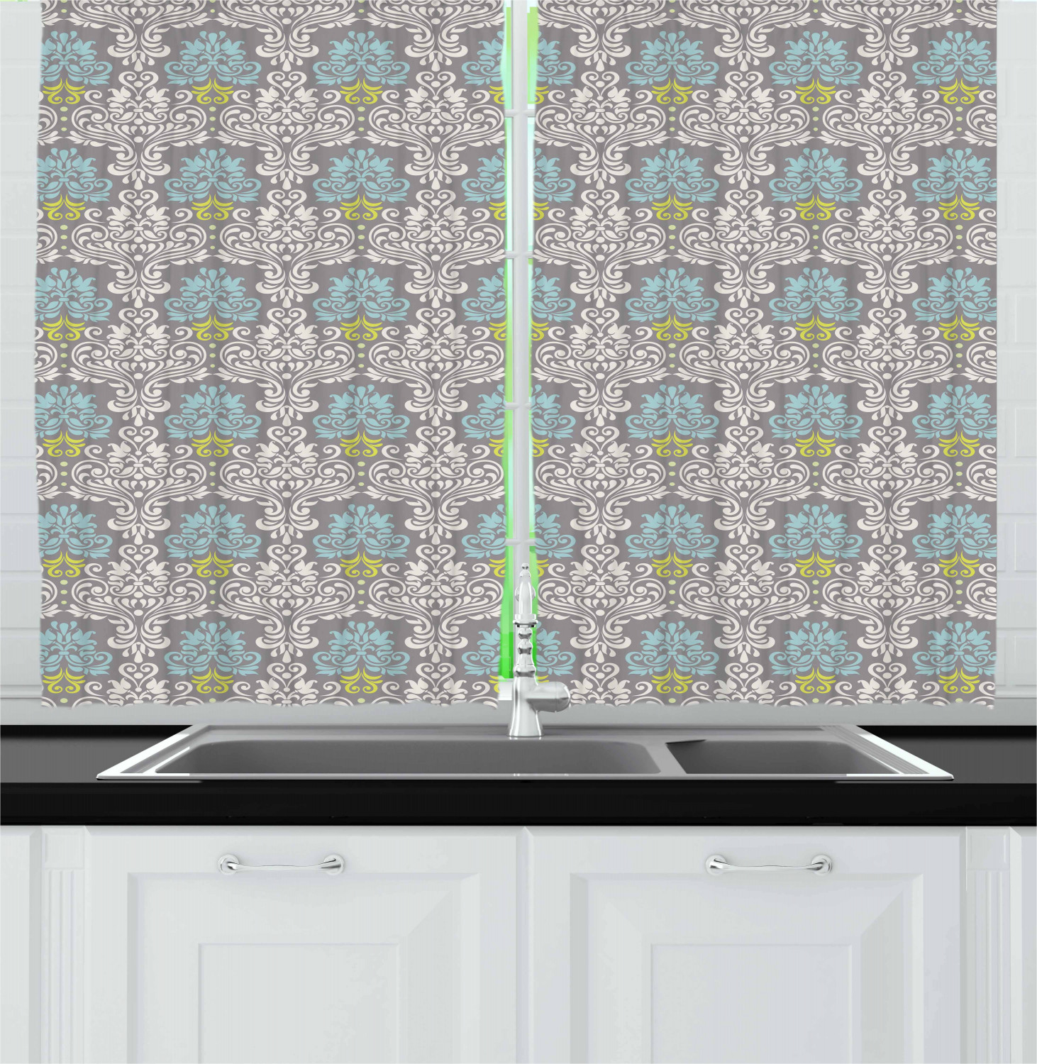 Grey Blue Kitchen Curtains 2 Panel Set Window Drapes 55" X 39" Ambesonne - Picture 24 of 30