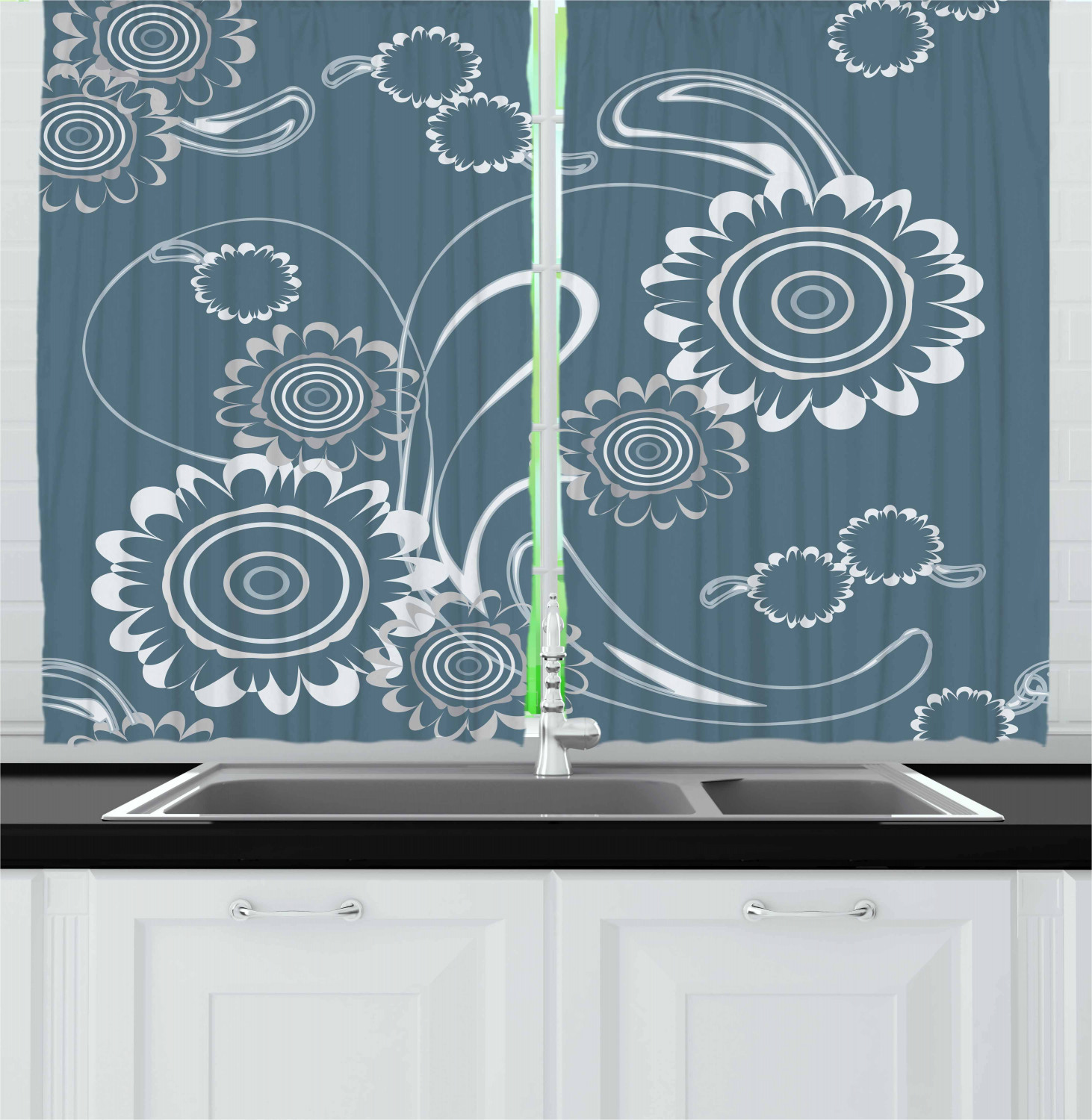 Grey Blue Kitchen Curtains 2 Panel Set Window Drapes 55" X 39" Ambesonne - Picture 25 of 30