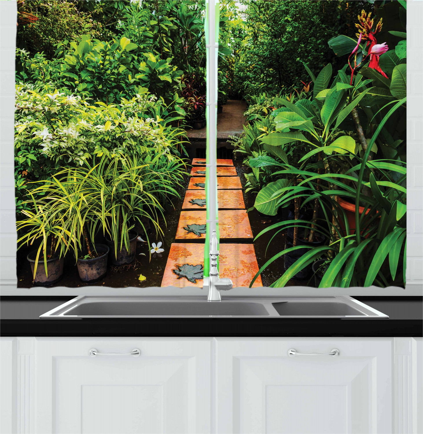 Garden Kitchen Curtains 2 Panel Set Window Drapes 55" X 39" Ambesonne - Picture 9 of 12