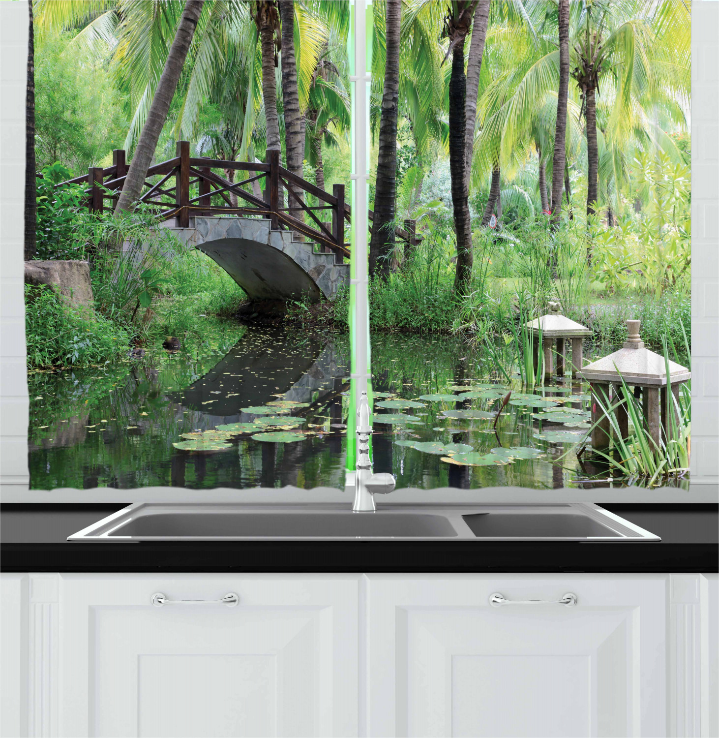 Garden Kitchen Curtains 2 Panel Set Window Drapes 55" X 39" Ambesonne - Picture 5 of 12
