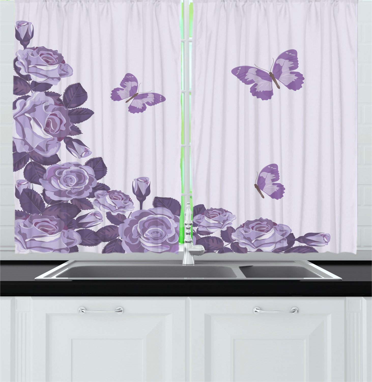 Lilac Kitchen Curtains 2 Panel Set Window Drapes 55" X 39" Ambesonne - 第 25/30 張圖片