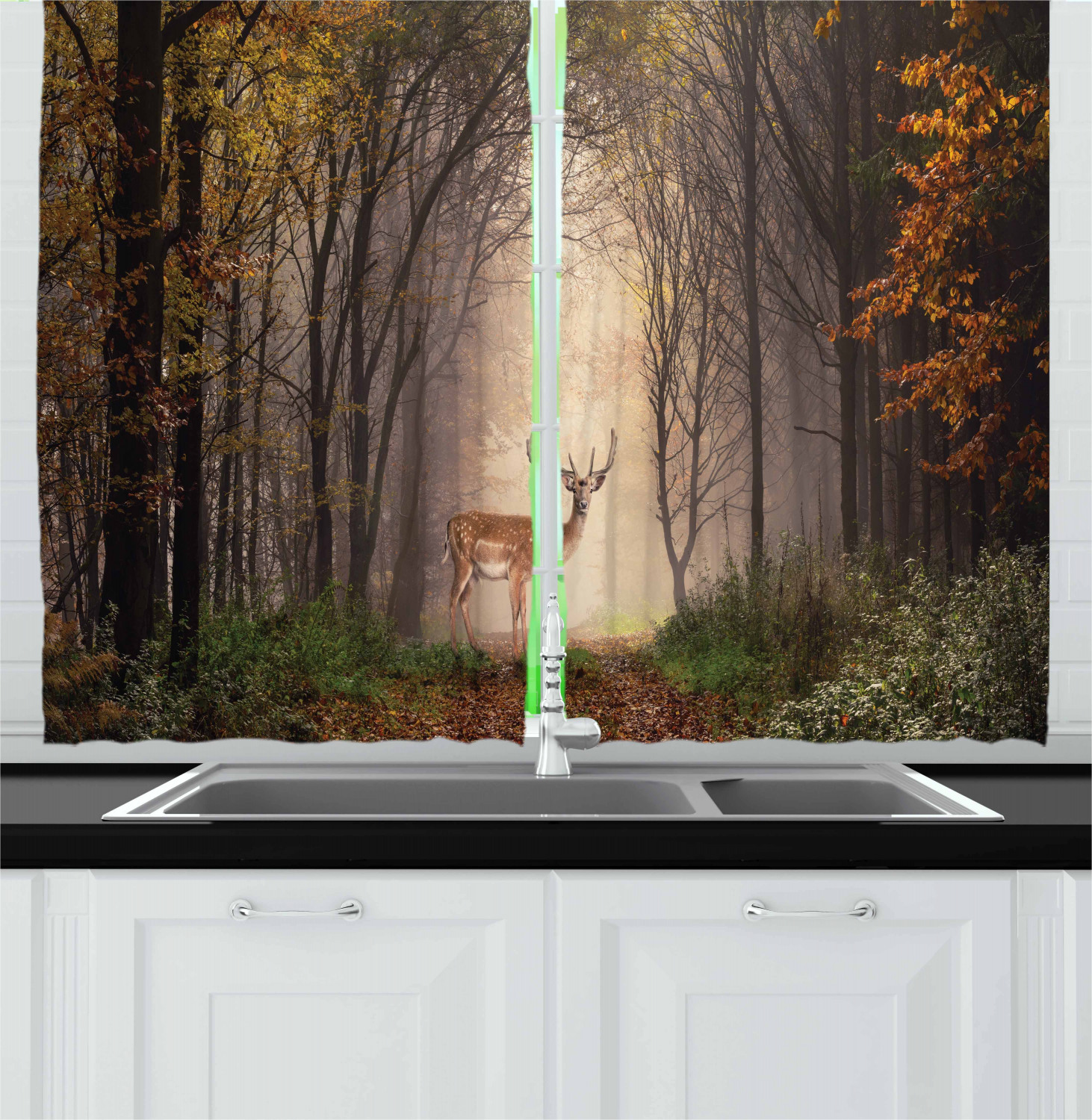Wildlife Kitchen Curtains 2 Panel Set Window Drapes 55" X 39" Ambesonne - Picture 7 of 18