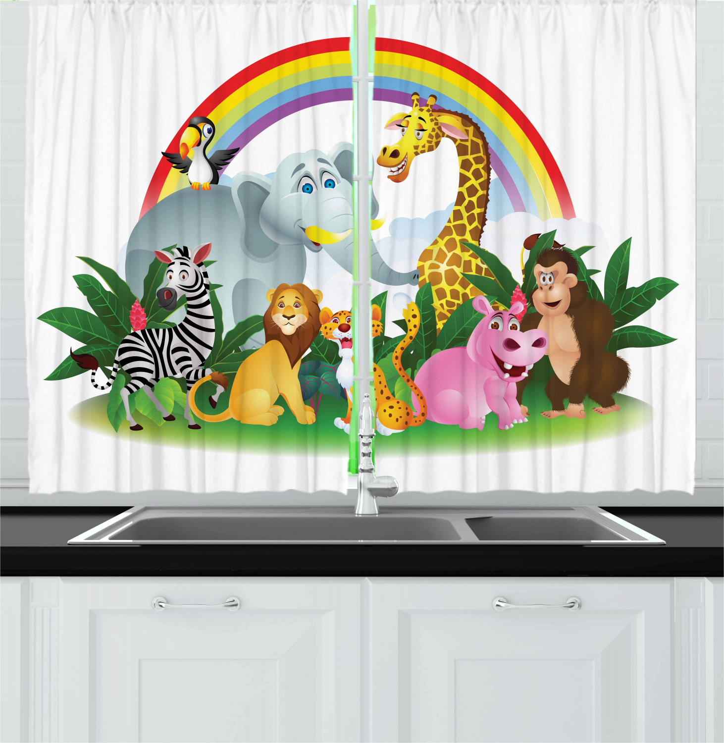 Wildlife Kitchen Curtains 2 Panel Set Window Drapes 55" X 39" Ambesonne - Picture 15 of 18