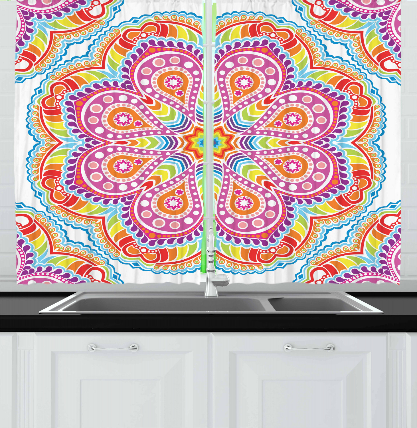 Rainbow Mandala Kitchen Curtains 2 Panel Set Window Drapes 55 X