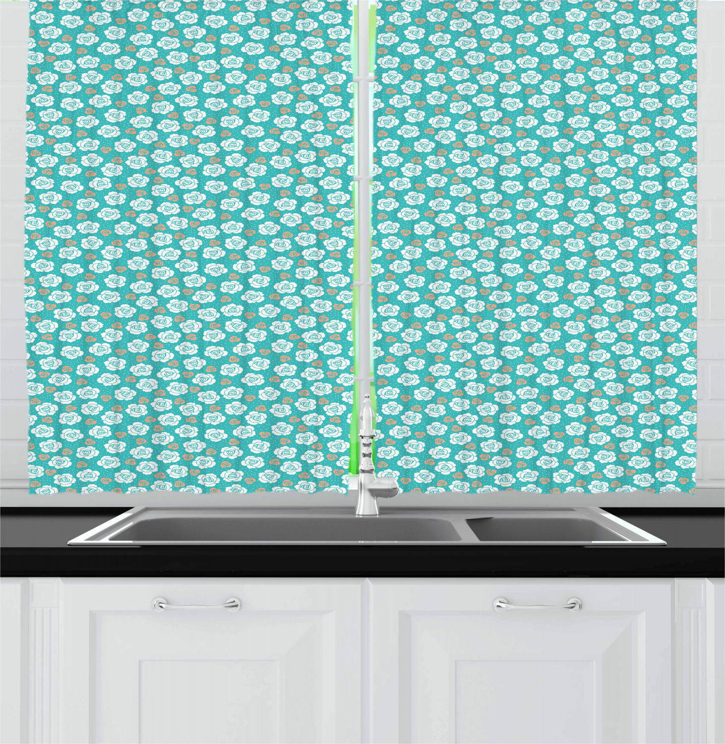 Aqua and Coral Kitchen Curtains 2 Panel Set Window Drapes 55