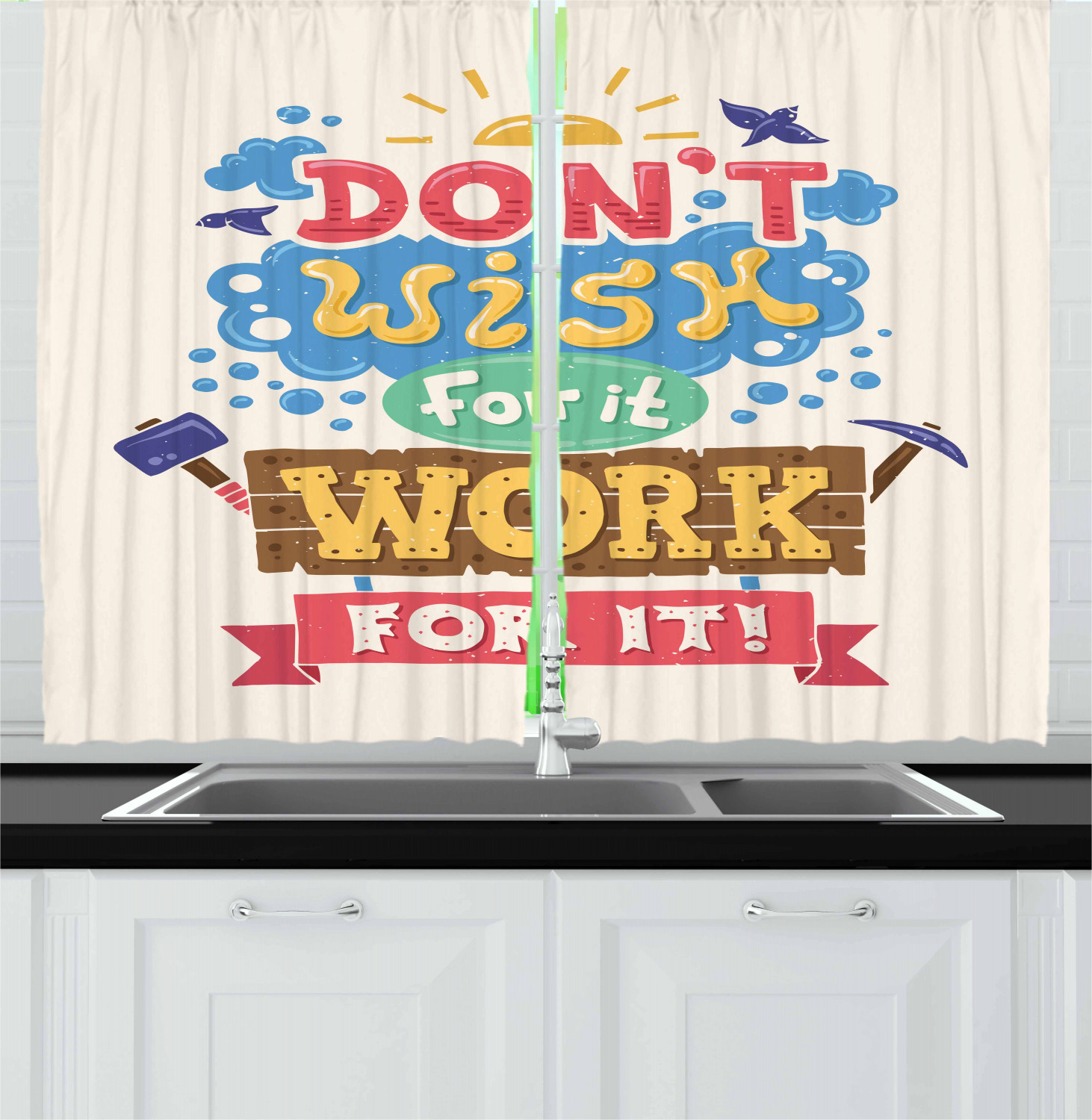 Motivational Kitchen Curtains 2 Panel Set Window Drapes 55" X 39" Ambesonne - Picture 27 of 29