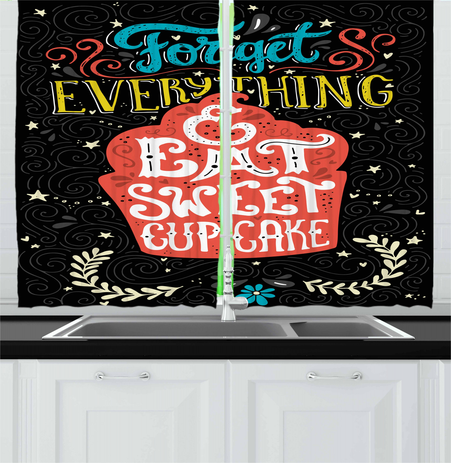 Motivational Kitchen Curtains 2 Panel Set Window Drapes 55" X 39" Ambesonne - Picture 8 of 29