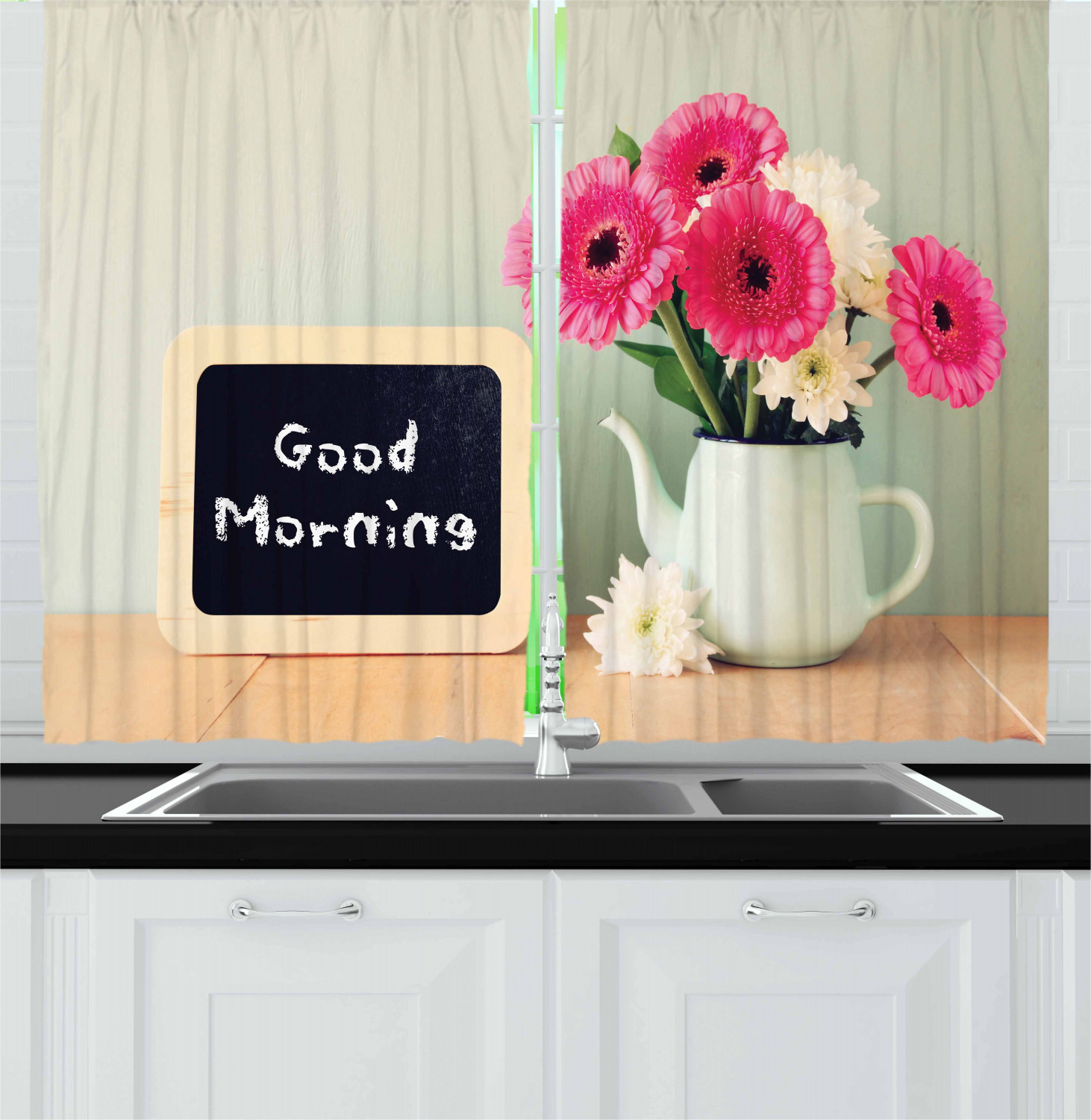Motivational Kitchen Curtains 2 Panel Set Window Drapes 55" X 39" Ambesonne - Picture 11 of 29