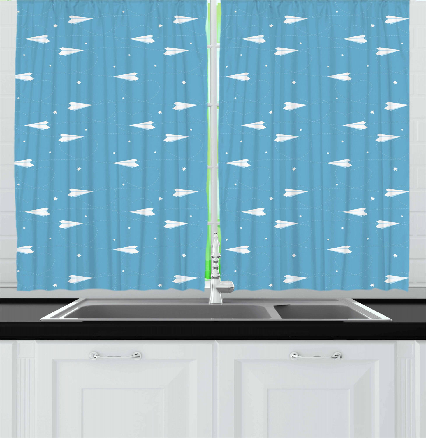 Nursery Airplane Kitchen Curtains 2 Panel Set Window Drapes 55" X 39