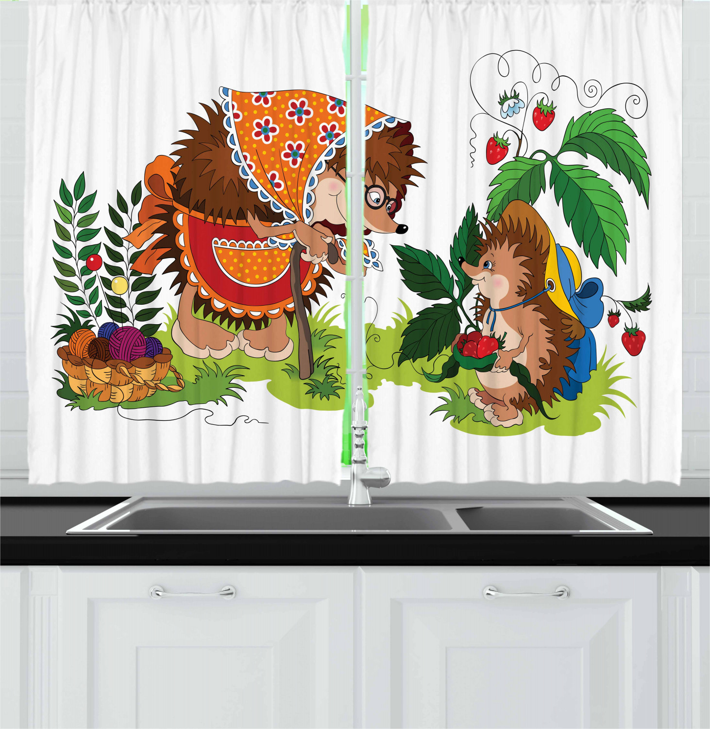 Cartoon Woodland Kitchen Curtains 2 Panel Set Window Drapes 55" X 39
