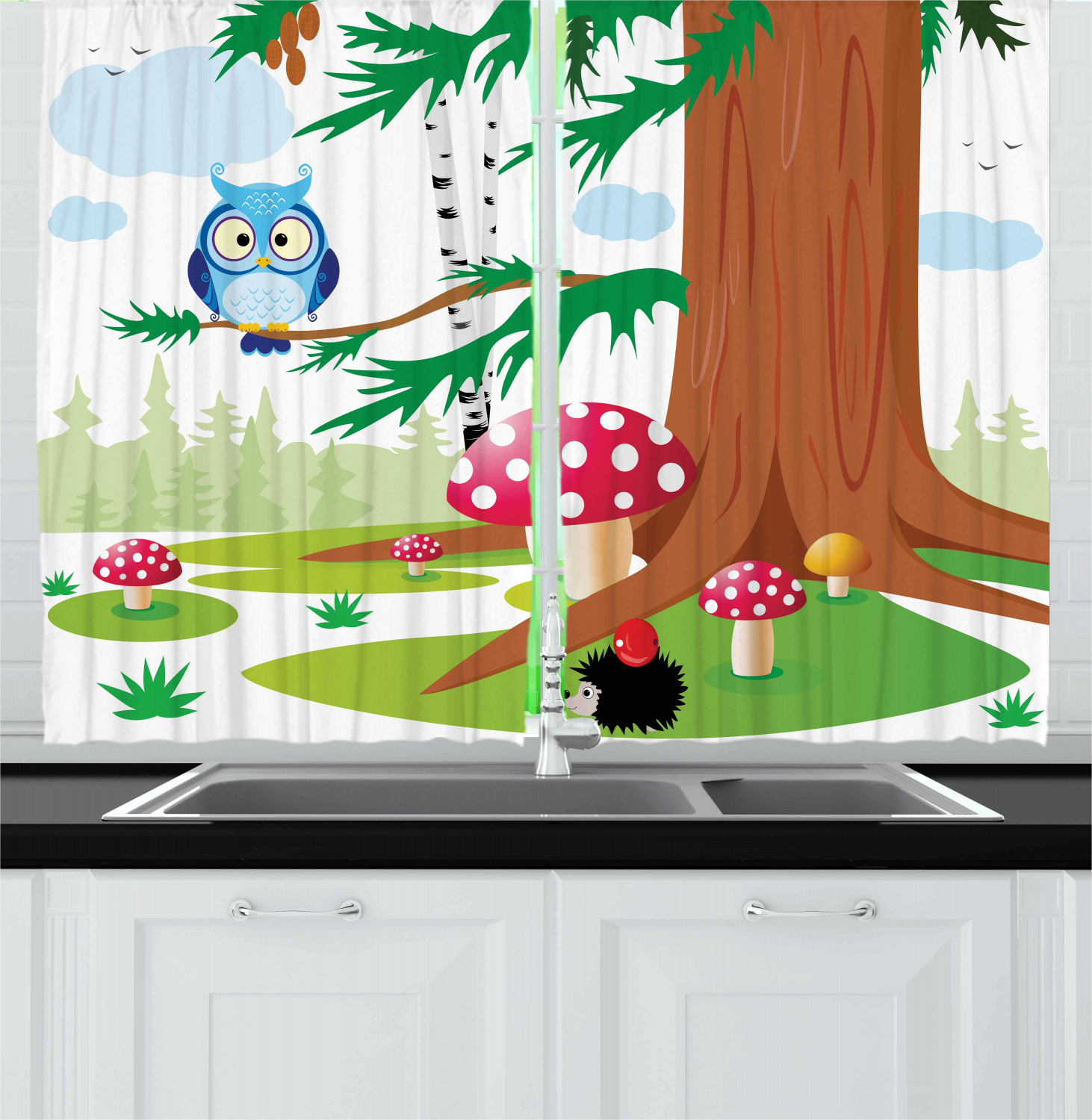 Cartoon Woodland Kitchen Curtains 2 Panel Set Window Drapes 55" X 39