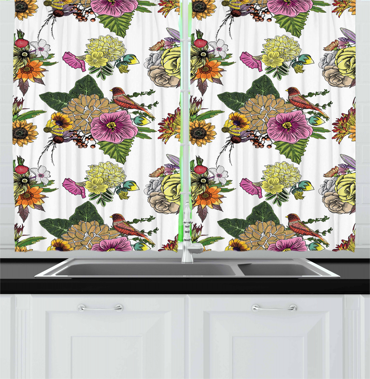 Aster Flower Kitchen Curtains 2 Panel Set Window Drapes 55" X 39" Ambesonne