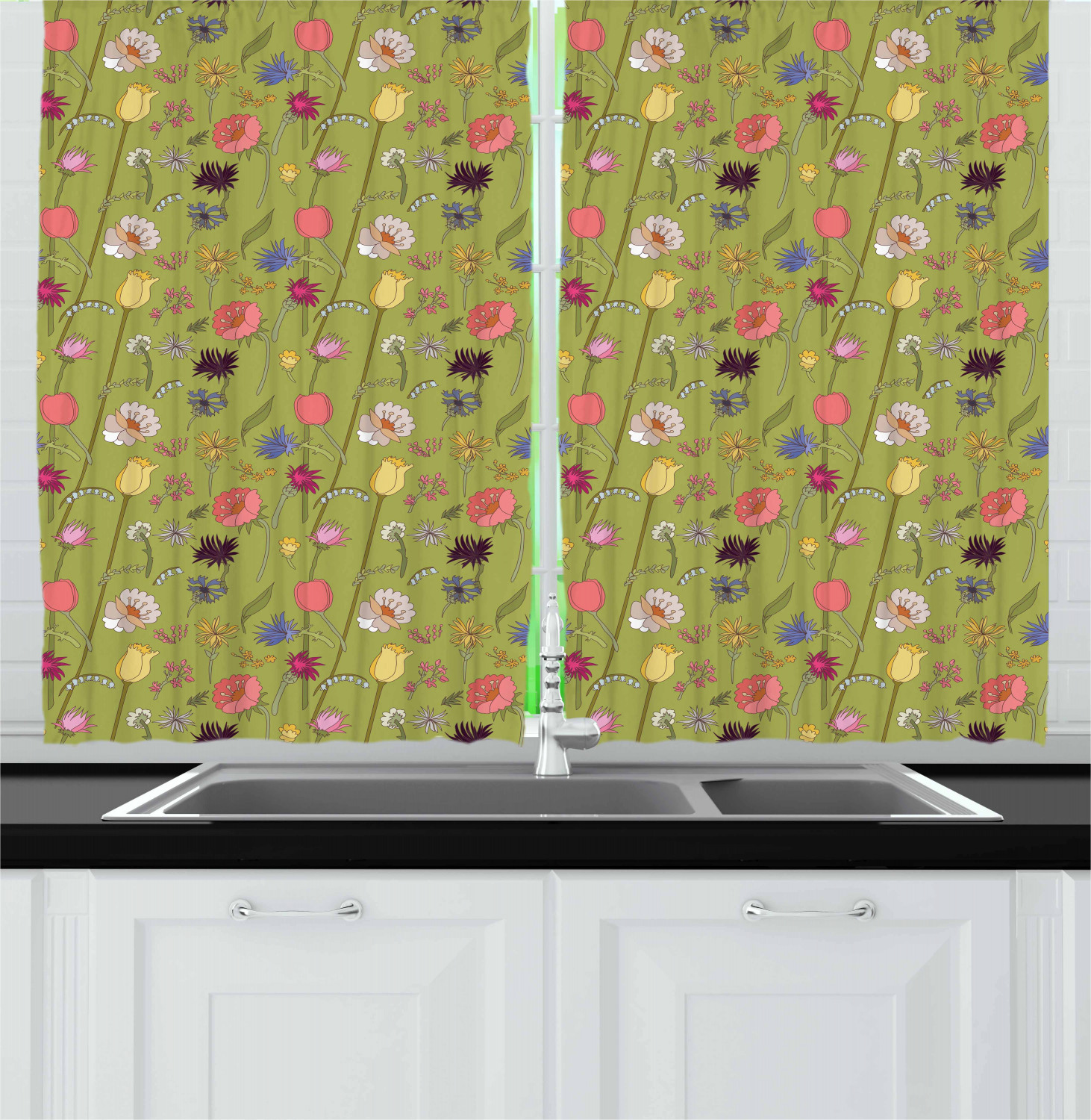 Aster Flower Kitchen Curtains 2 Panel Set Window Drapes 55" X 39" Ambesonne