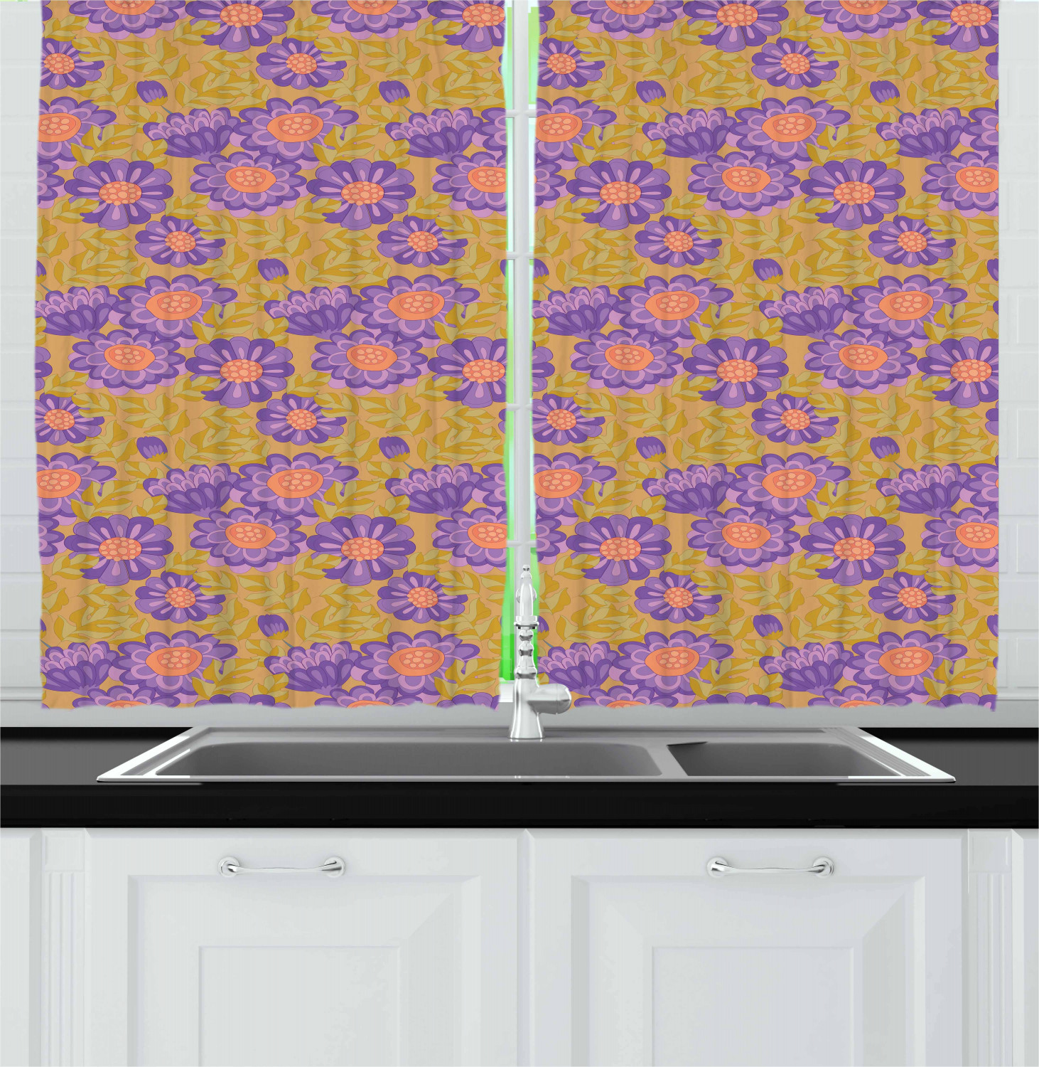 Aster Flower Kitchen Curtains 2 Panel Set Window Drapes 55" X 39" Ambesonne